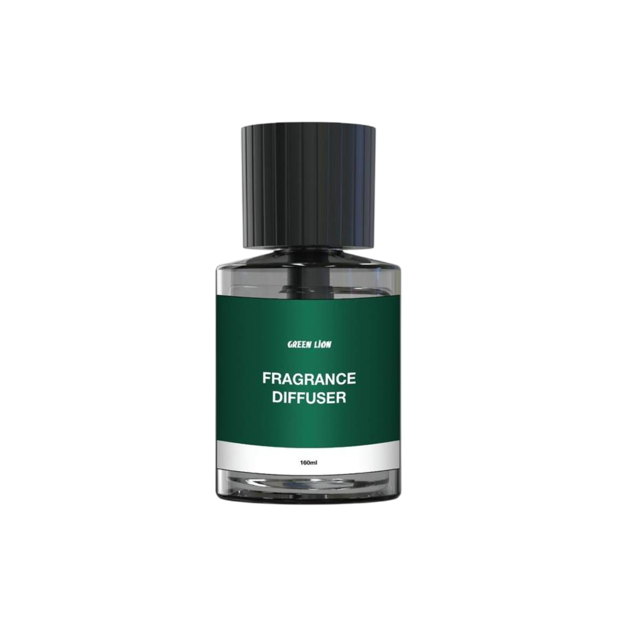 An elegant Green Lion fragrance diffuser in a black and green glass bottle with a black cap, labeled 'FRAGRANCE DIFUSER'.
