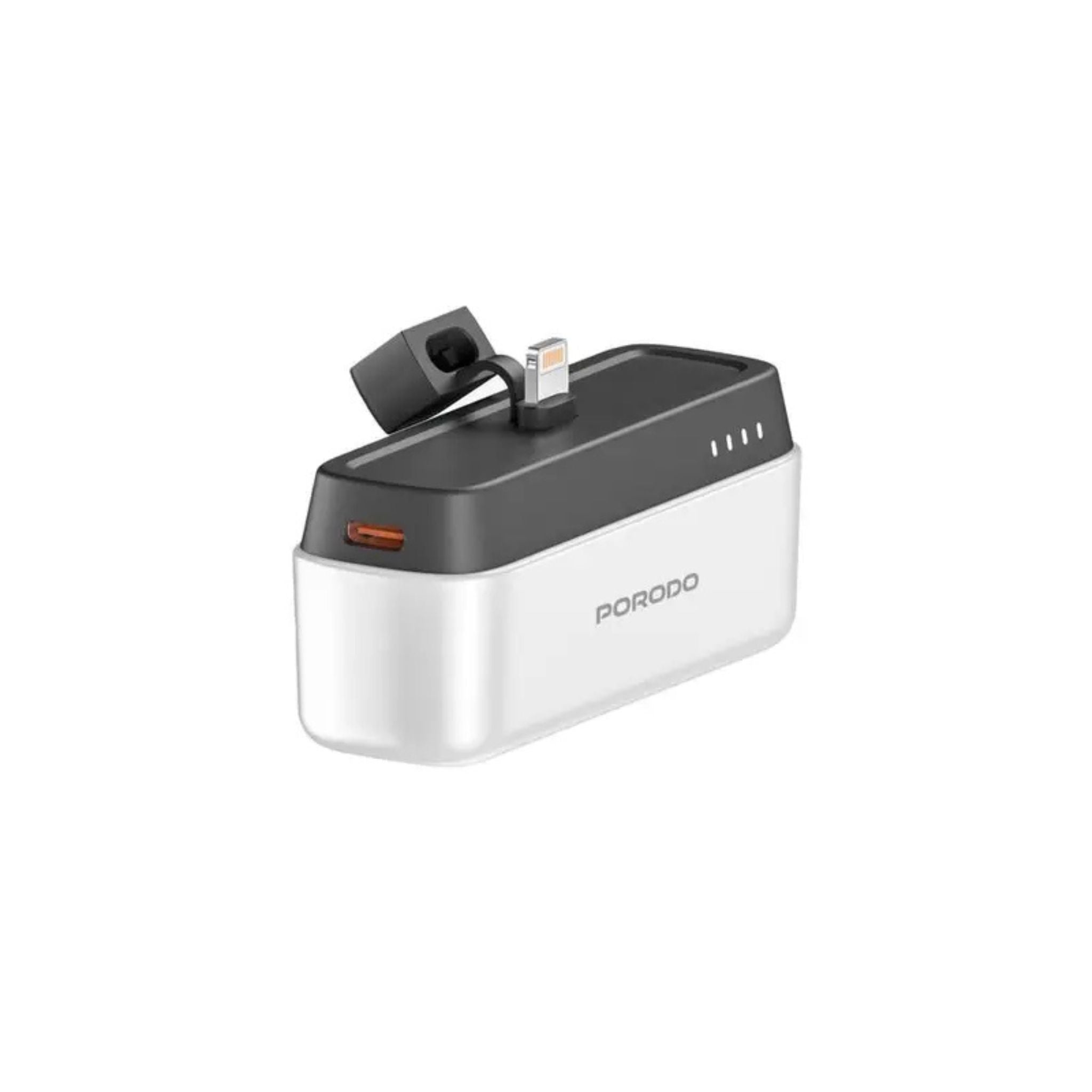 A Porodo brand power bank with a white and black color scheme, featuring a Lightning connector for Apple devices.