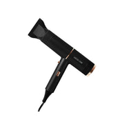 A black hair dryer with a concentrator attachment, featuring gold accents and the Green Lion brand name.