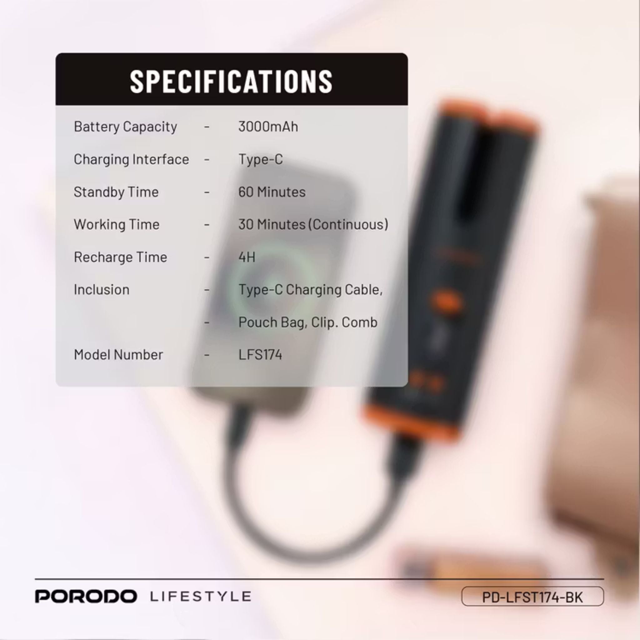 Porodo Automatic Hair Curler with Internal Dual Barrel, Effortless Automatic Curling, Cordless, 30 Minutes Working Time, Precise Heat and Timer Control, Standby Time 60 Minutes - Black