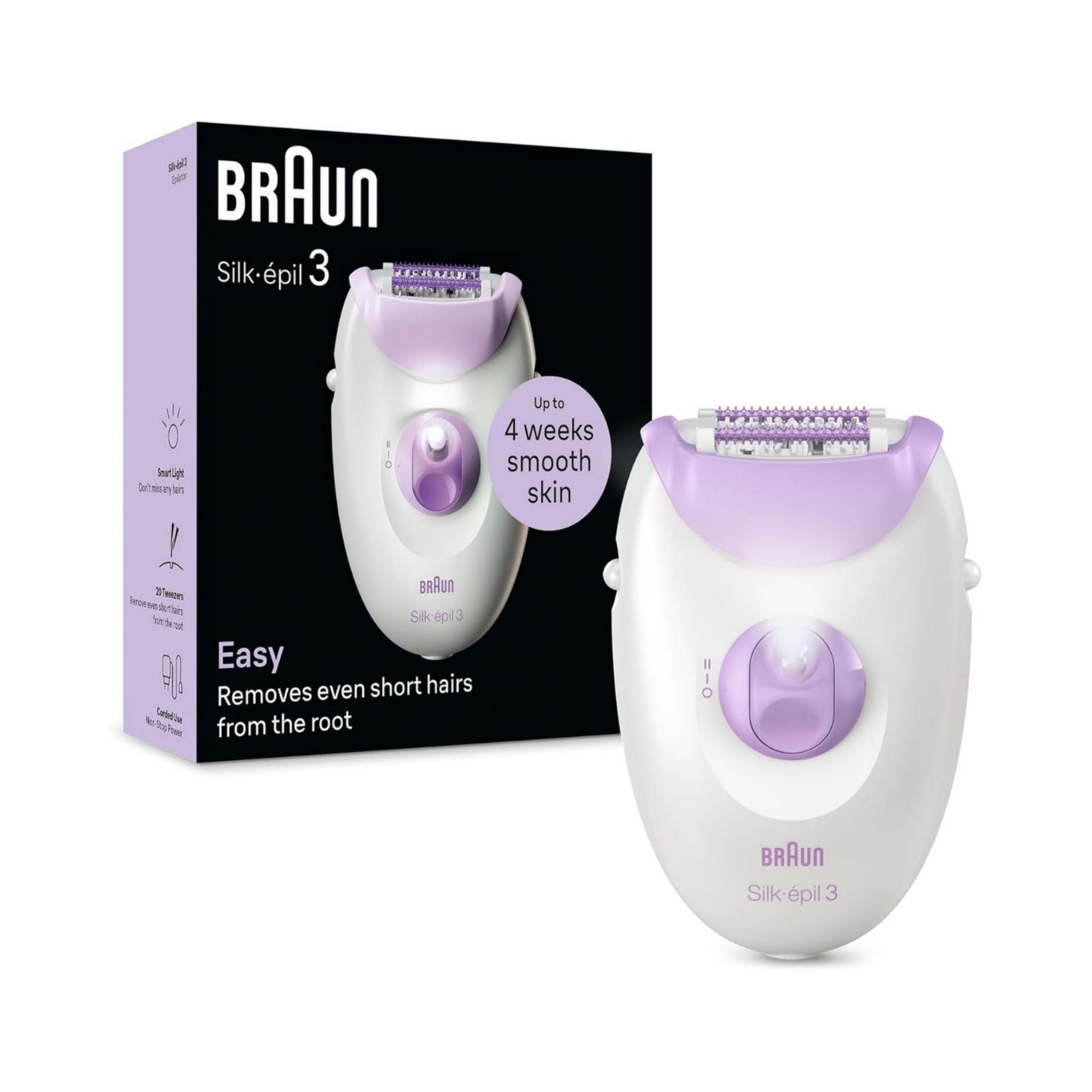 Braun Silk-épil 3 SE 3-000 Epilator, Removes Even Short Hairs From The Root, 20 MicroGrip Tweezers, Non-Stop Corded Epilator, Smart Light, Hair Removal Device - White/Purple