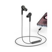 A pair of black in-ear earphones with a wired connection and a Type-C plug, displayed next to a smartphone.