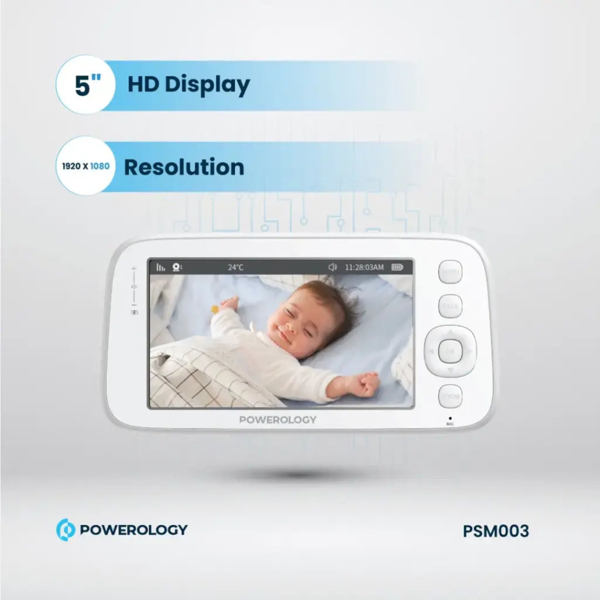 Powerology Monitor & App Baby Camera with 5" HD Display, 1080p Full HD Video, 2.4GHz Wi-Fi, AI Motion Tracking, Cry Detection, Two-Way Audio, Pan/Tilt/Zoom, Smart Night Vision, Temperature Alerts, Micro SD Support up to 256GB –Blue/Pink