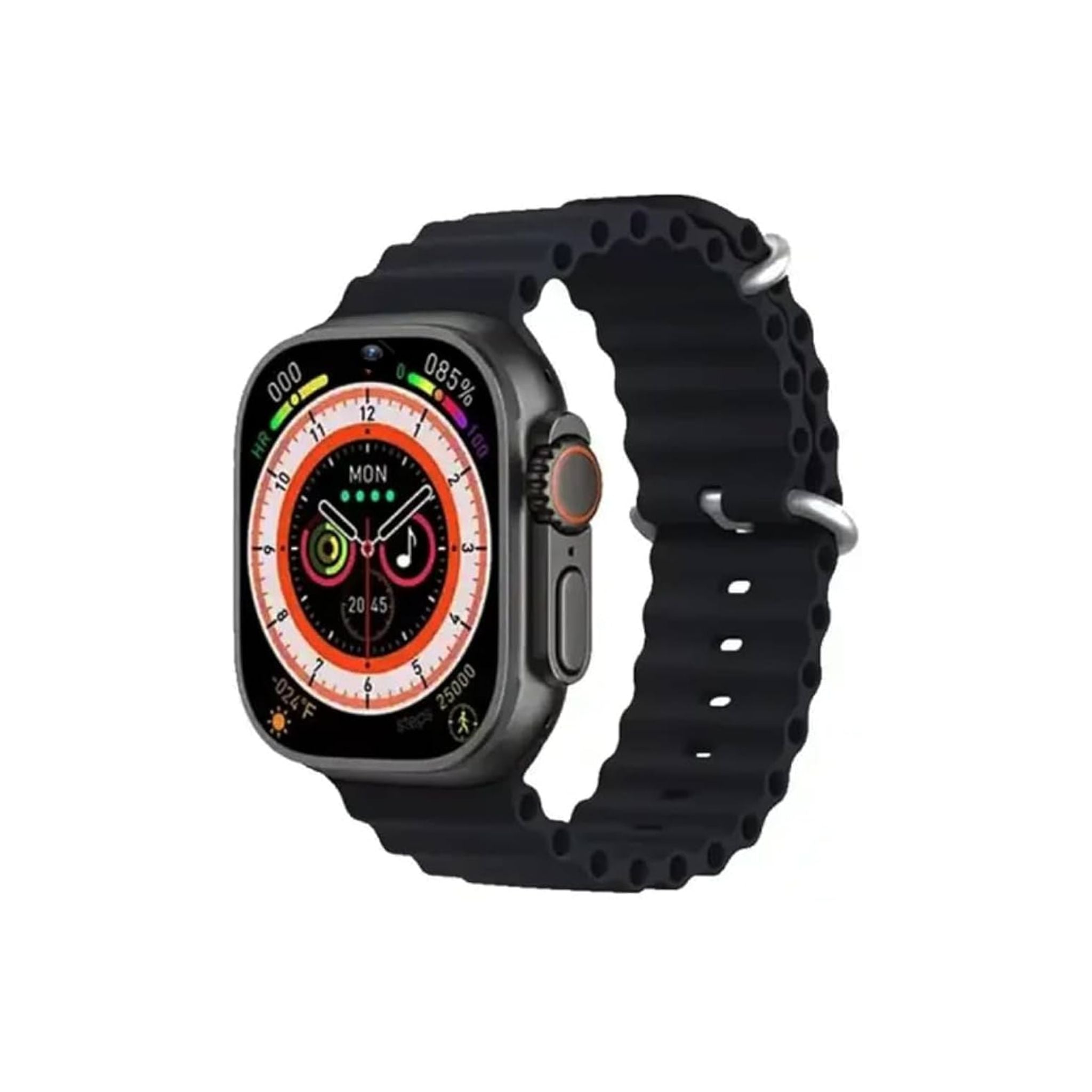 A black Telzeal TC4G smart watch with a silicone band and a large circular screen displaying multiple dials and indicators.