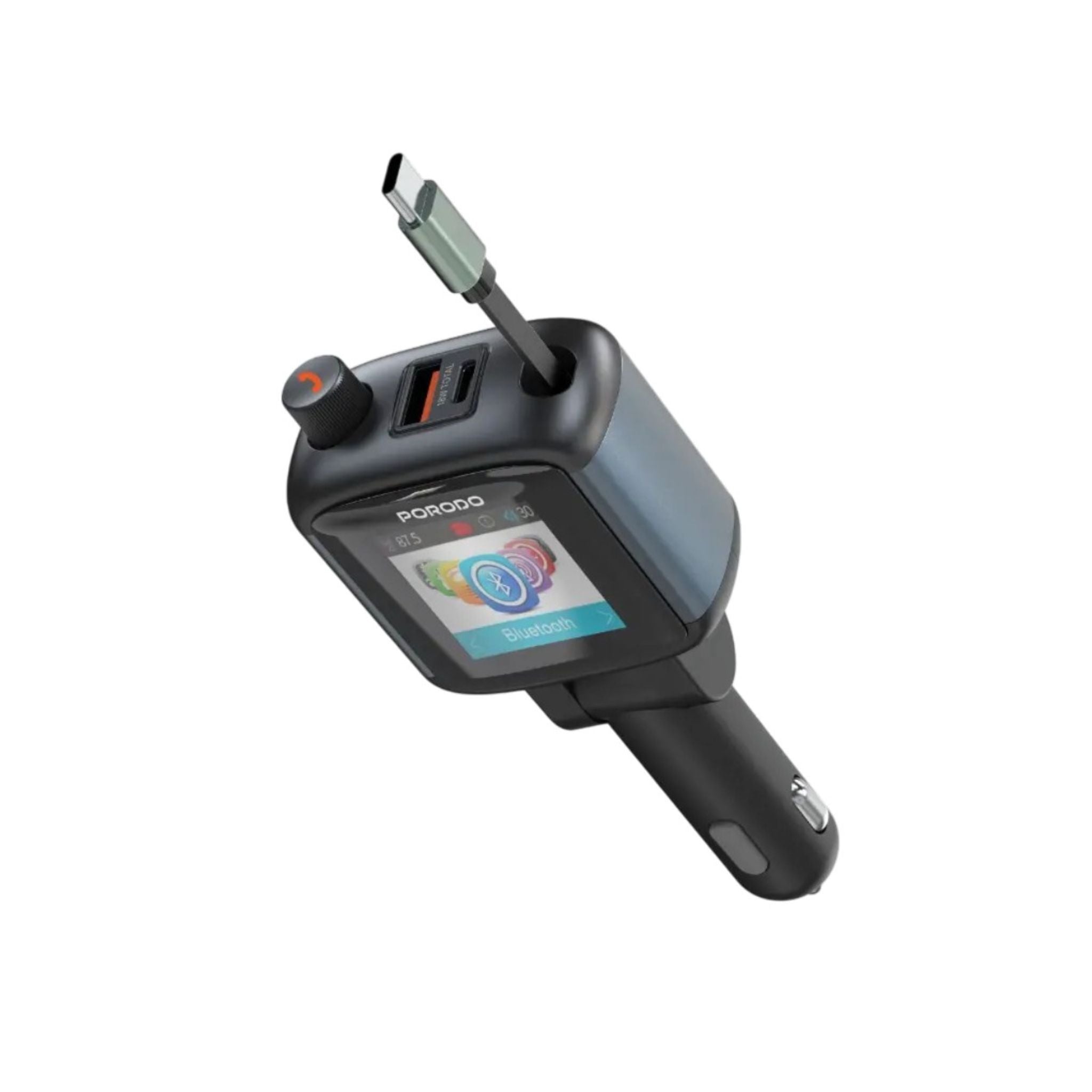 Porodo Voltrush Multi-Port USB Car Charger with TFT Display & Recractable Cable - Black