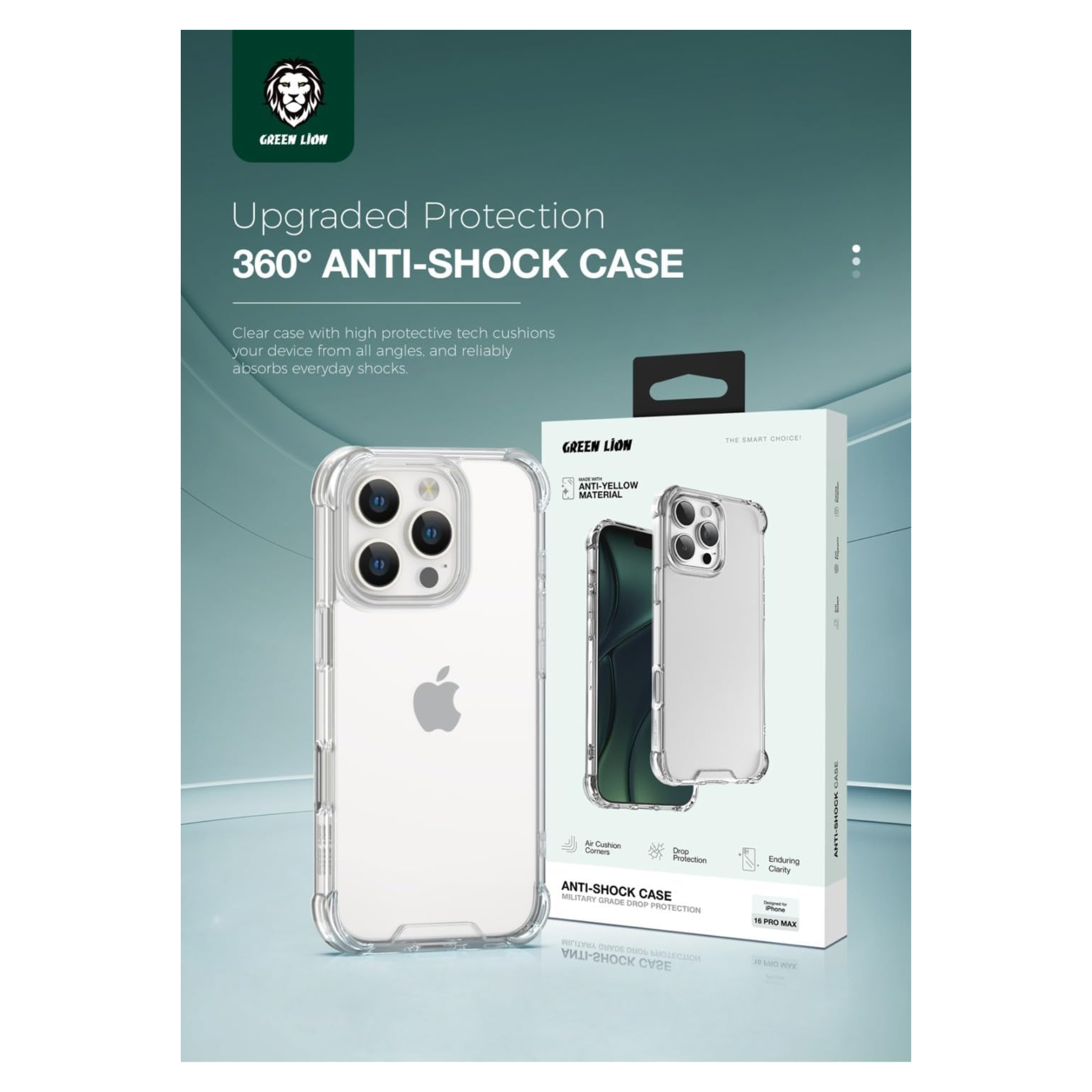 Green Lion Case For iPhone 16 Pro Anti-Shock Bumper Cover, Drop Protection, Camera Protection, Anti Scratch, Hybrid Protection, None-Yellowing Clear Cover, Comfortable Feel, Durable Build - Clear