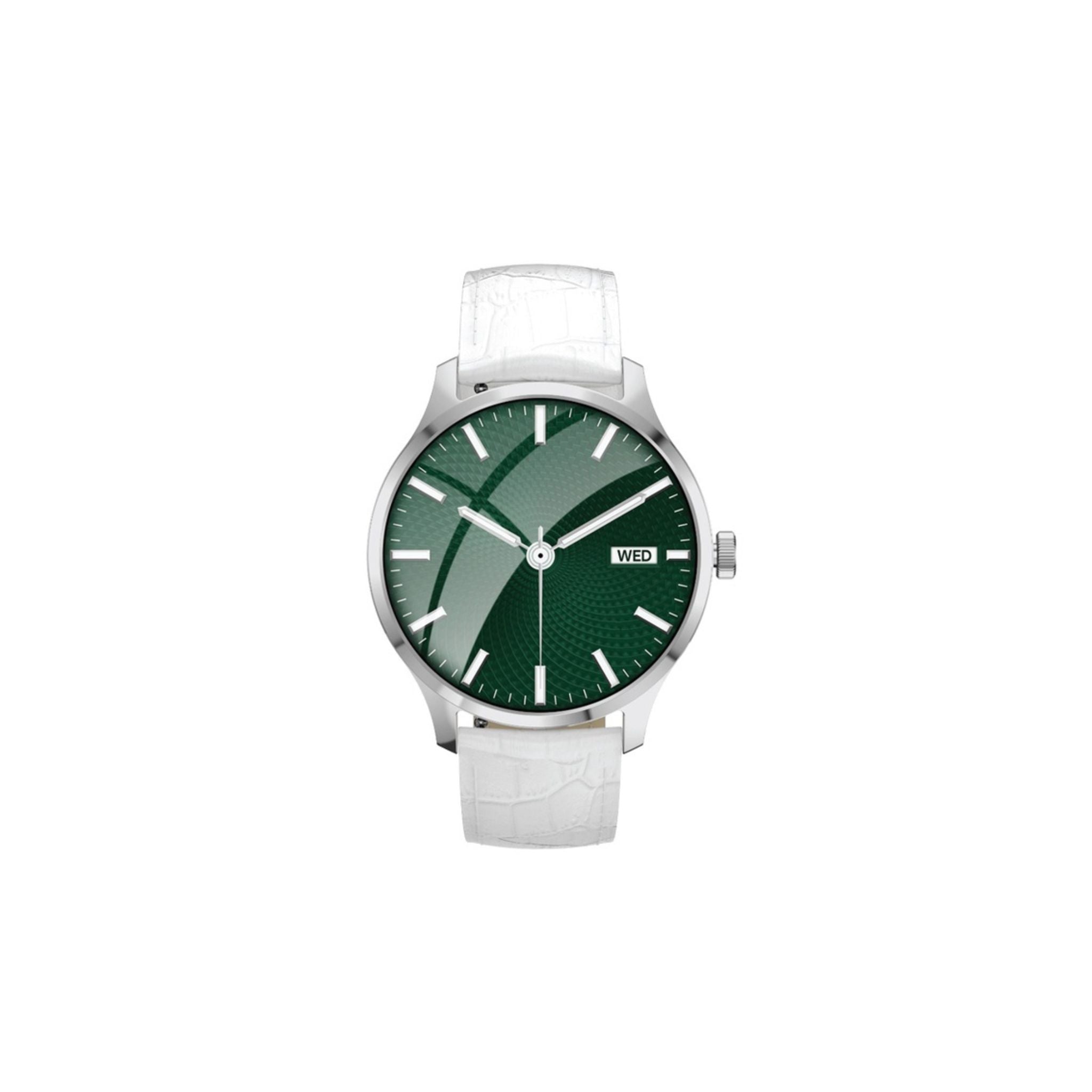 A silver-colored smartwatch with a green band and a digital display, featuring a full-screen touch panel and the brand name 'Green Lion' on the face.