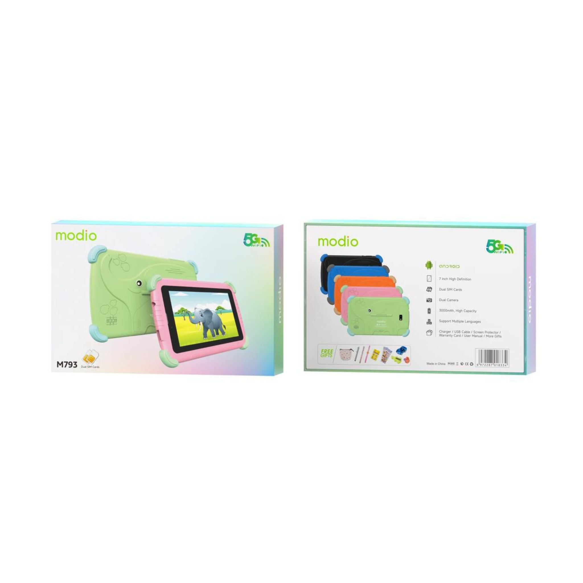 Modio M793 7" HD Android Smart Kids Tablet, Dual SIM + Dual Camera, 3000mAh High-Capacity Battery, 5G WiFi – Pink