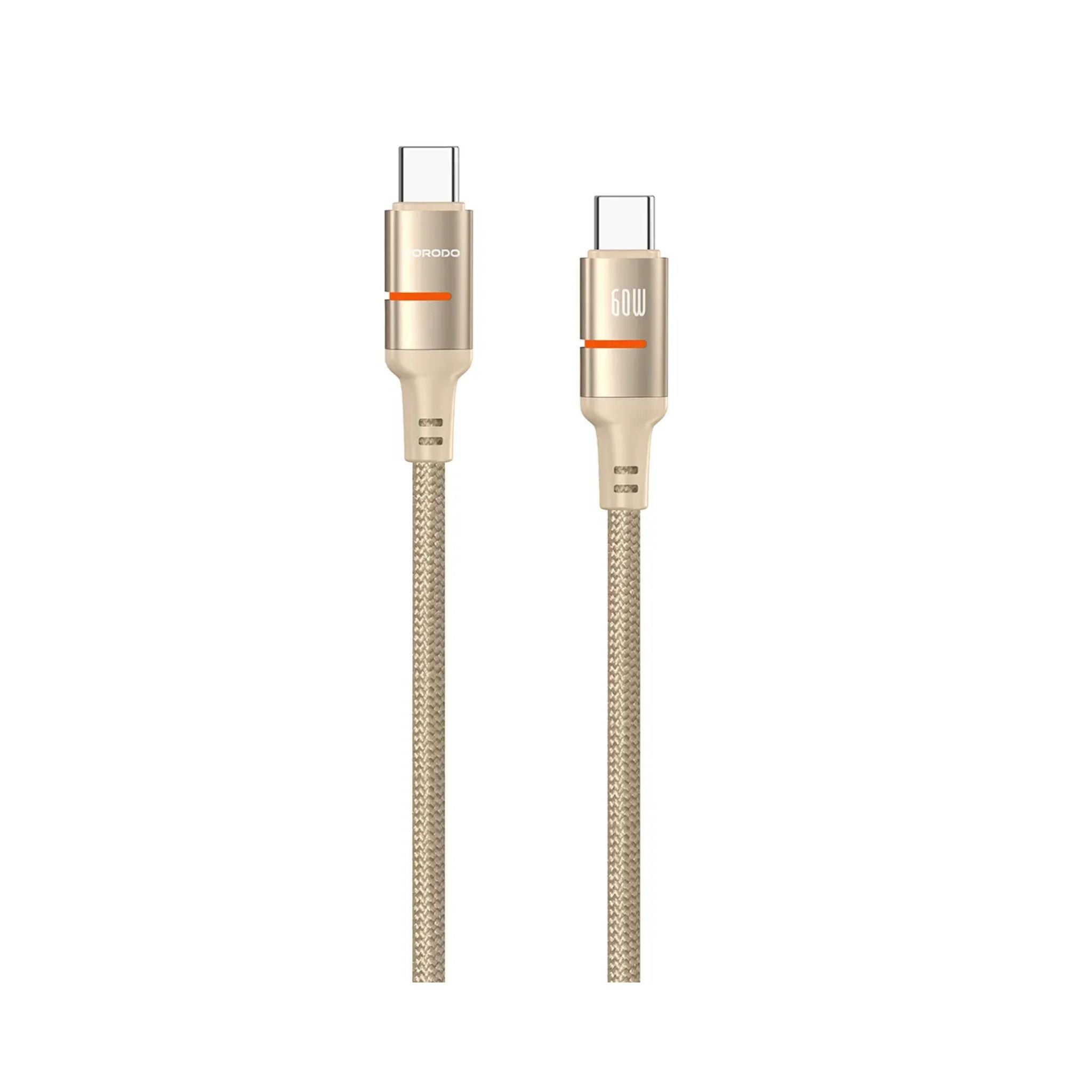 Gold USB cable with connectors on a white background