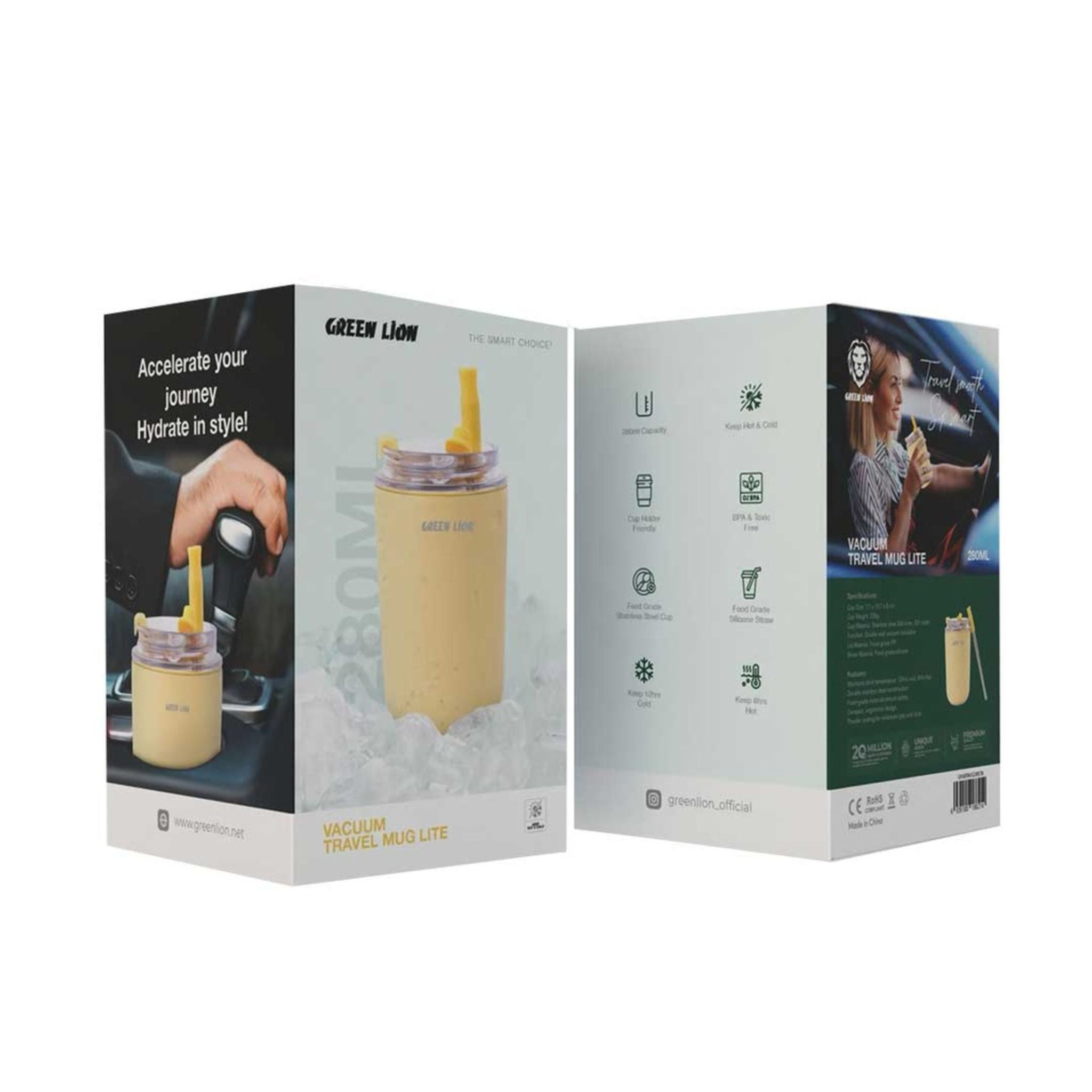 Green Lion Vacuum Travel Mug Lite, 280 mL Capacity, Keeping Hot for 6 Hours and Cold for 12 Hours, Food Grade Silicone Straw, Food Grade Stainless Steel Cup - Cream