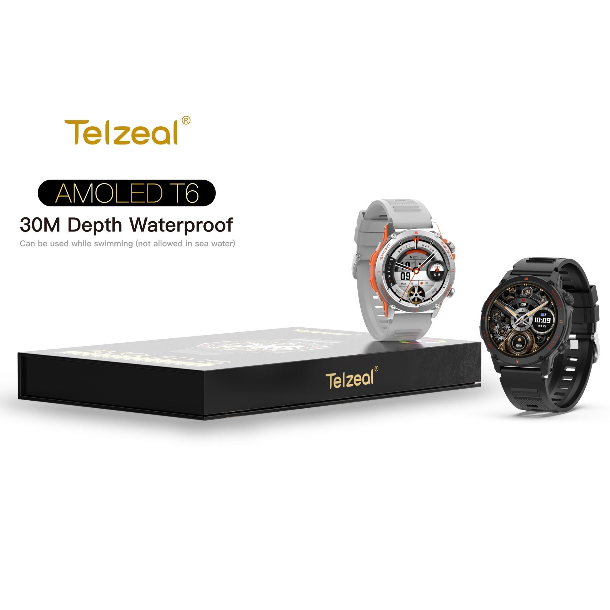 Telzeal AMOLED T6 Smartwatch with AMOLED Display – 30M Waterproof, 2 Interchangeable Straps, Magnetic Charger, Fitness & Health Tracking, Sleep Monitoring, Bluetooth Notifications, Sleek Silver Design for Men, Sports, Work, Daily Use