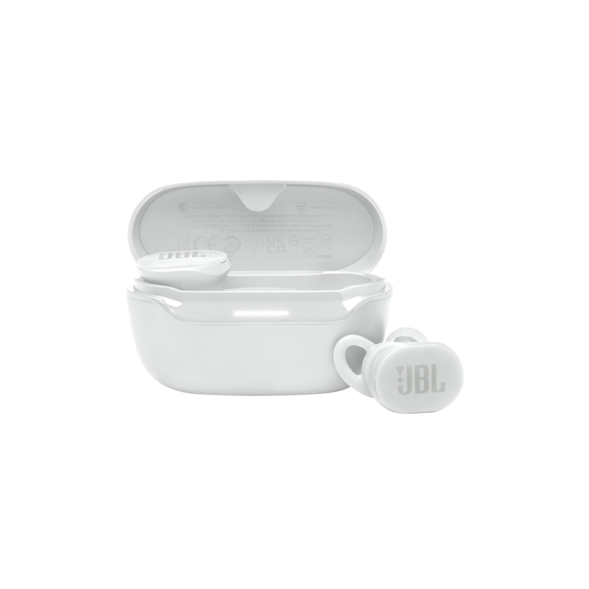 A pair of white JBL Endurance Race 2 true wireless Bluetooth earbuds with an open charging case.