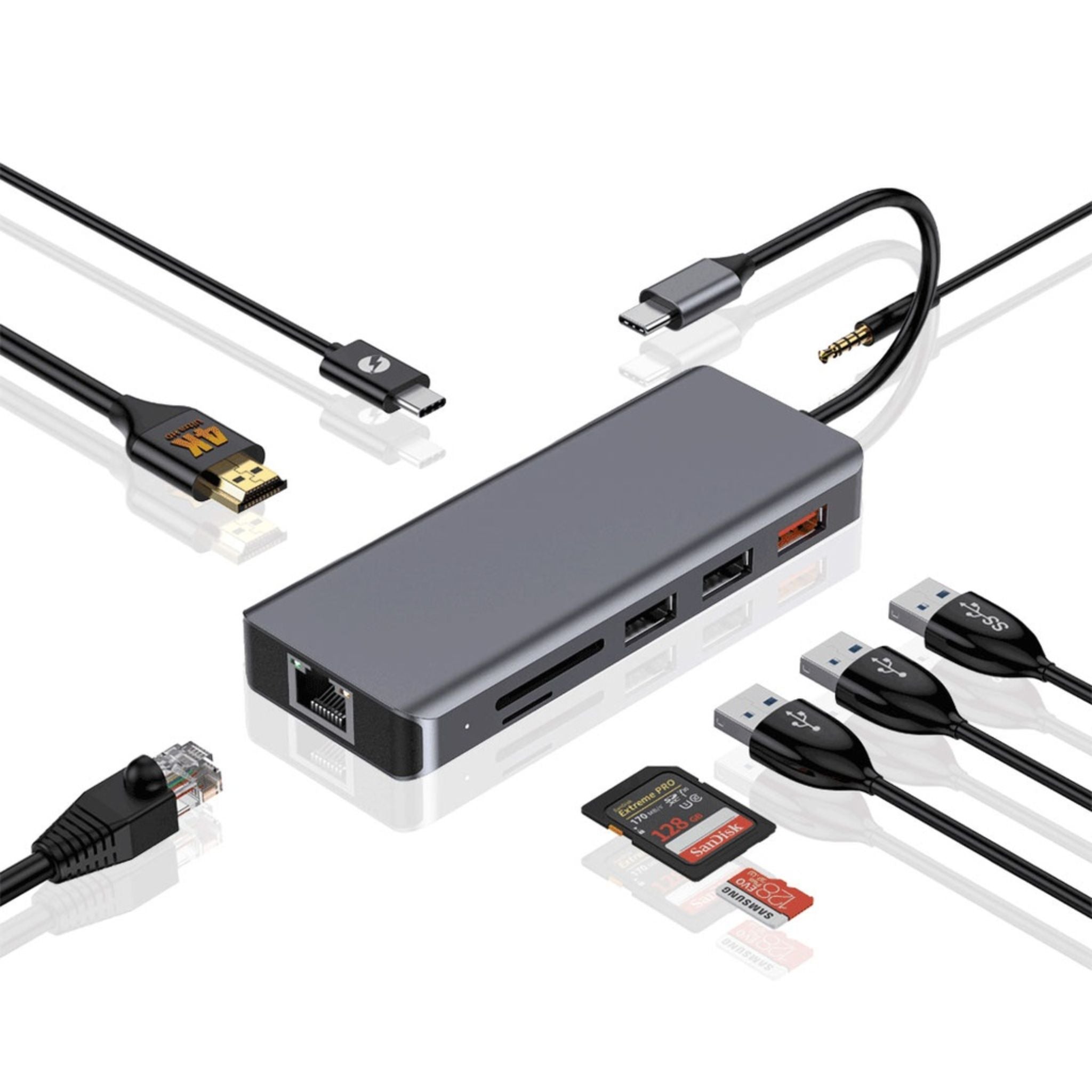 Porodo 9-in-1 USB-C Hub 4K HDMI Ethernet with 100W Power Delivery, 3.5mm Aux, USB-C Version 3.2, 10Gbps Data Transfer Speed, SD & Micro SD Memory Slot - Gray
