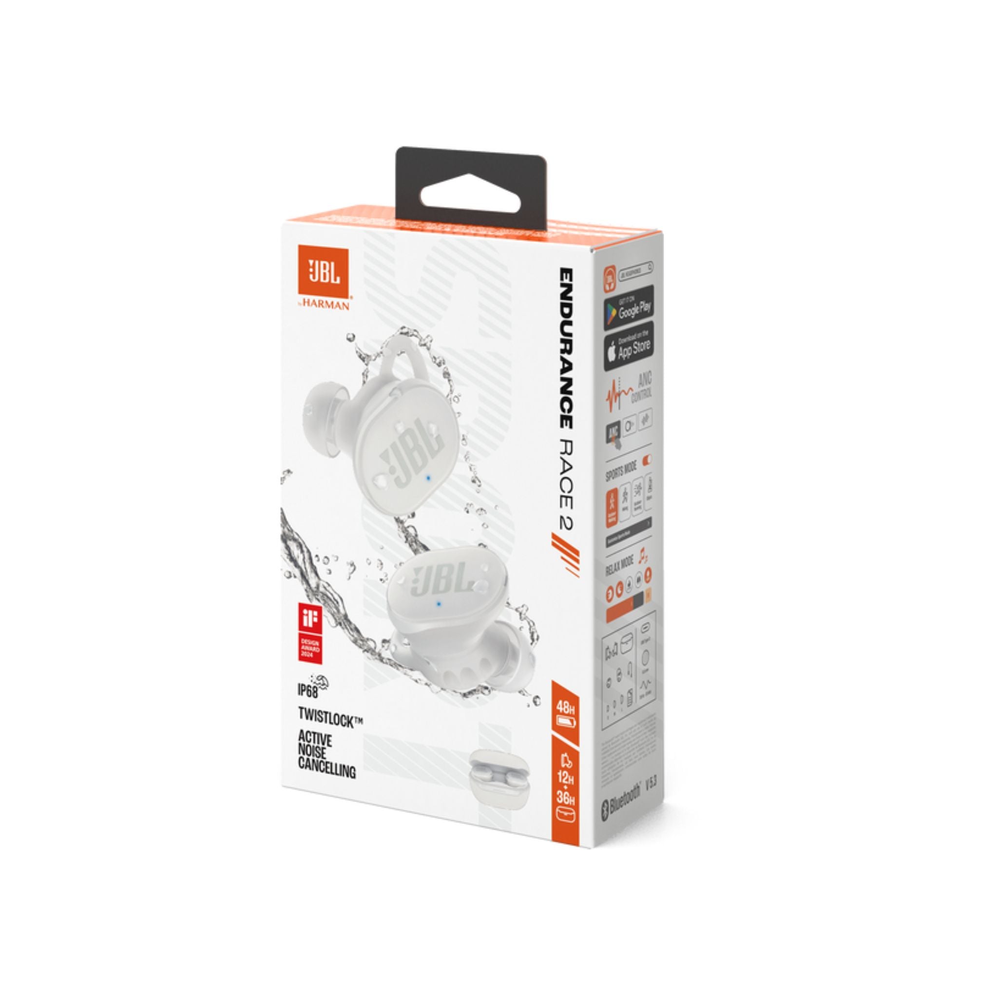 JBL Endurance Race 2, True Wireless Bluetooth Earbuds, 48 hrs Battery, IP68 Water and Dust Resistance, Noise Cancellation, Pure Bass Sound, Smart Ambient, Sports Modes - White