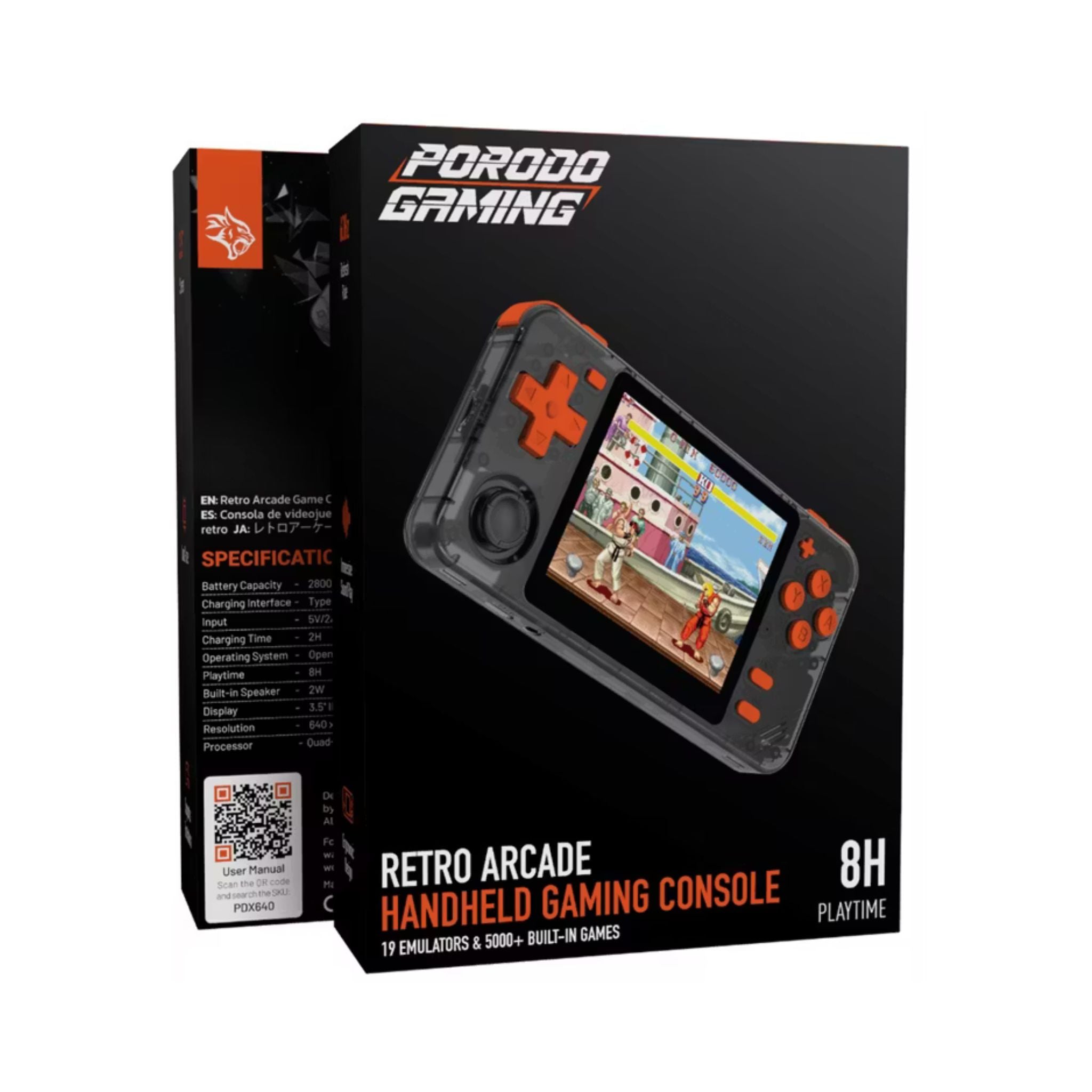 Porodo Gaming PDX640 Retro Arcade Game Console with 19 Emulators & 5000+ Built-in Games, 3.5" Screen Size, 60Hz Refresh Rate, Up to 8 Hours Playtime, Immersive Sound Play, Ergonomic Design, 2800mAh Battery Capacity - Orange / Black