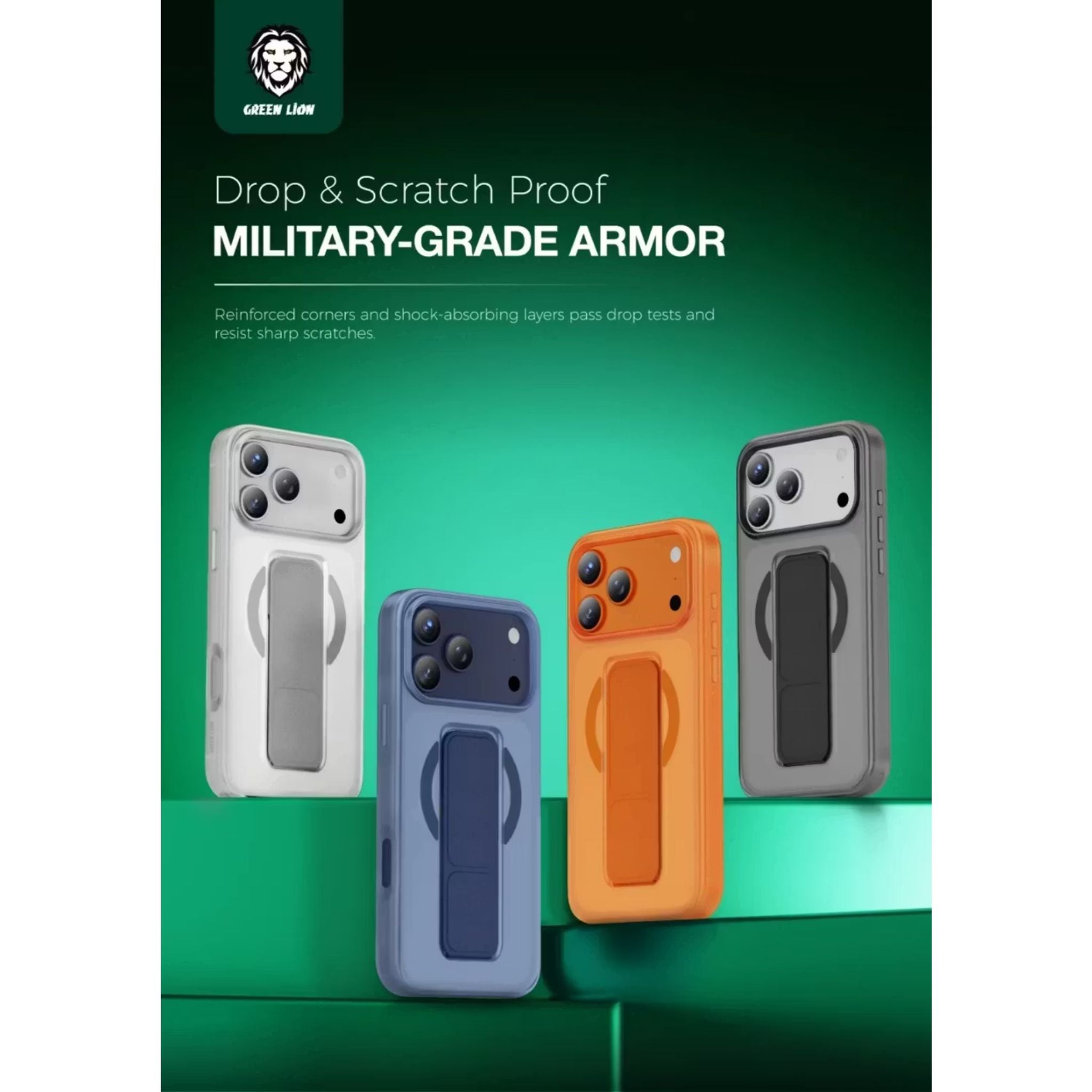 Green Lion Grip 360° MagSafe Case for iPhone 17 Pro, Up to 3500gs Force Impact Resistance, Foldable Stand, Strong Magnets, Drop Protection, Anti-Scratch, Leather Grip Strap, Camera Protection, Horizontal & Vertical Features - Orange Titanium