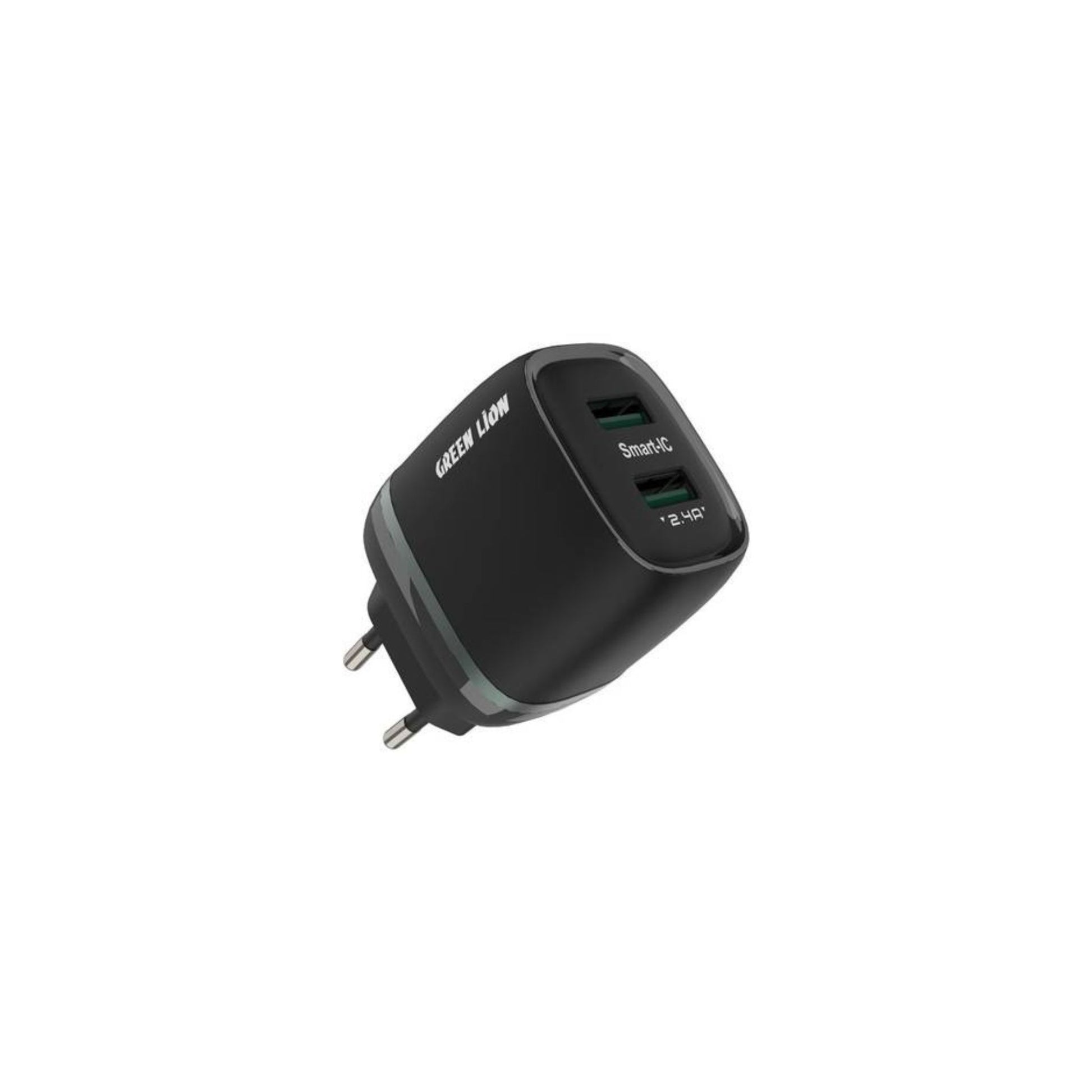 A black Green Lion Dual USB wall charger with a label showing the brand and the inclusion of a USB-A to Lightning cable.