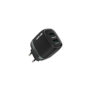 A black Green Lion dual USB wall charger with a EU plug and two USB-A ports on the front, alongside a USB-C cable.