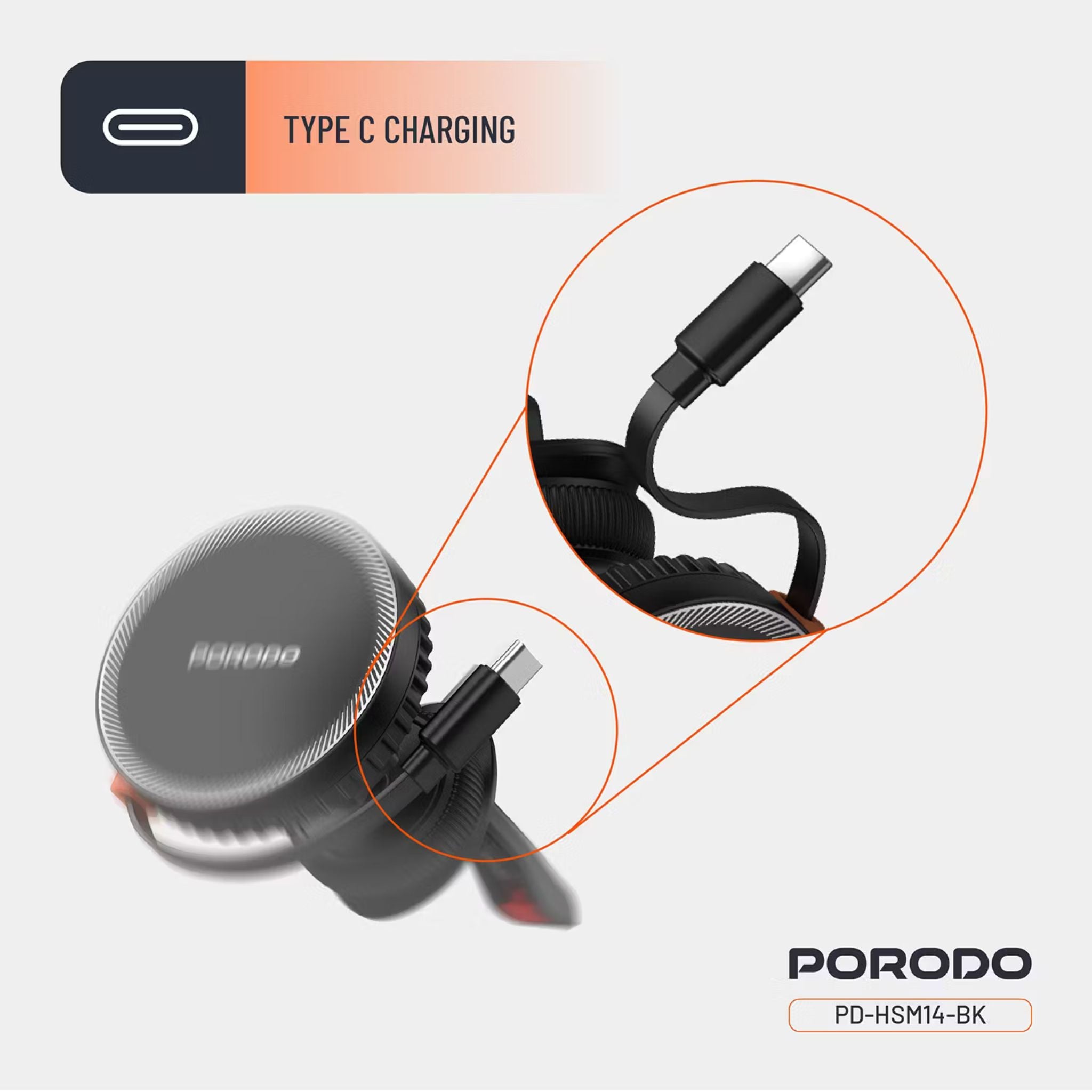 Porodo MagSafe Charger with Retractable Type-C Cable, 15W, 12-24V, 5V/2A, 9V/2A 18 W USB-C Input, 5 W, 7.5W, 10W, 15W Wireless Output, Compatible with 4.7-6.9" Smartphones - Black