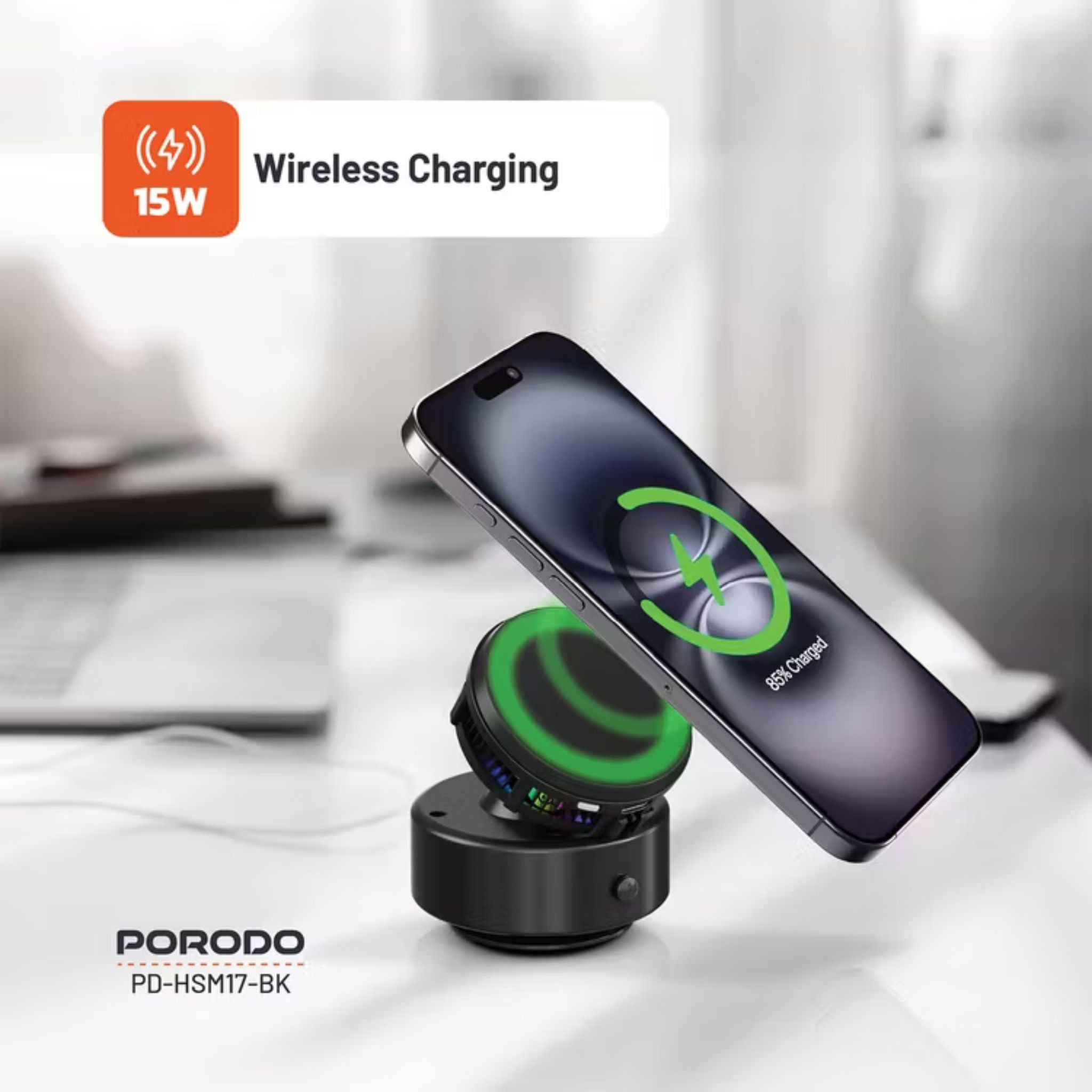 Porodo Lifestyle Vacuseal MagSafe Charging Mount with Cooling Semiconductor & RGB Light, Up to 25 Days Working Time, Adjustable Viewing Angle, 100mAh Battery Capacity, Up to 1.5kg Adsorption Capacity, Strong Suction, One-Hand Operation - Black