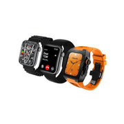 A Haino Teko smartwatch with a black silicone strap and an orange silicone strap, both featuring a square-shaped design and a digital display.
