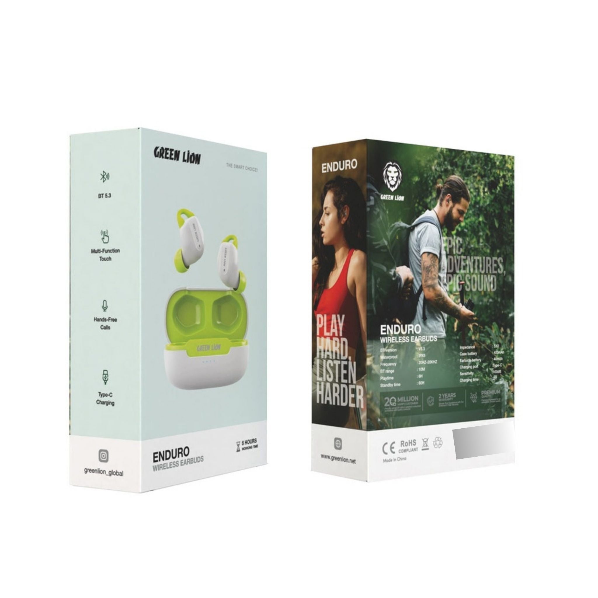 Green Lion Enduro Wireless Earbuds (6 Hours Working Time+ Multi Function Touch+ Hands Free Calls+ Type C Charging+ IPX5 Waterproof)_White
