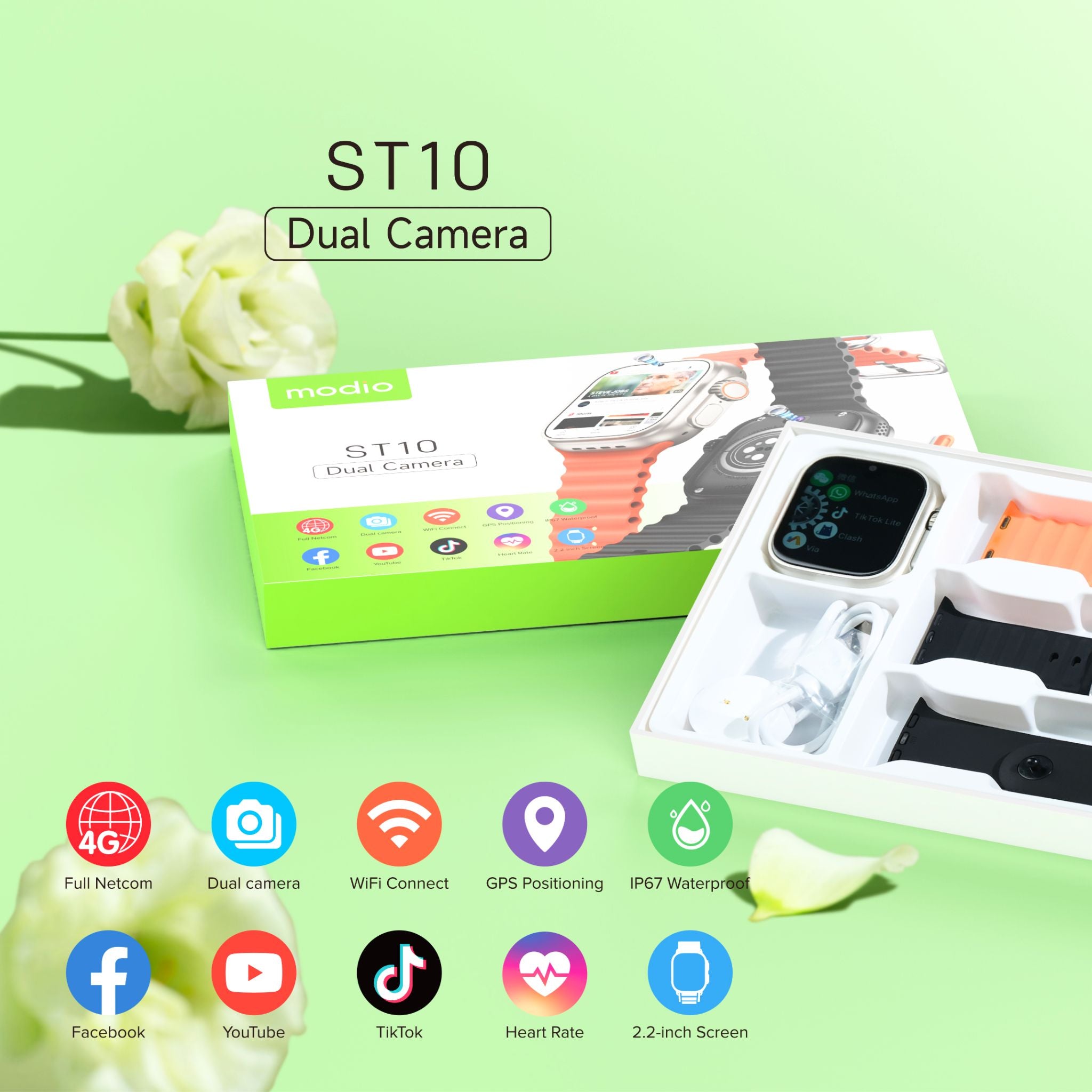 Modio Ultra Smart Watch ST10 Dual Camera 4G Android Smart Watch HD 2.2 inch Display With Sim Full Touch Screen 4Gb Ram 64Gb3 Set Strap and Wireless Charger