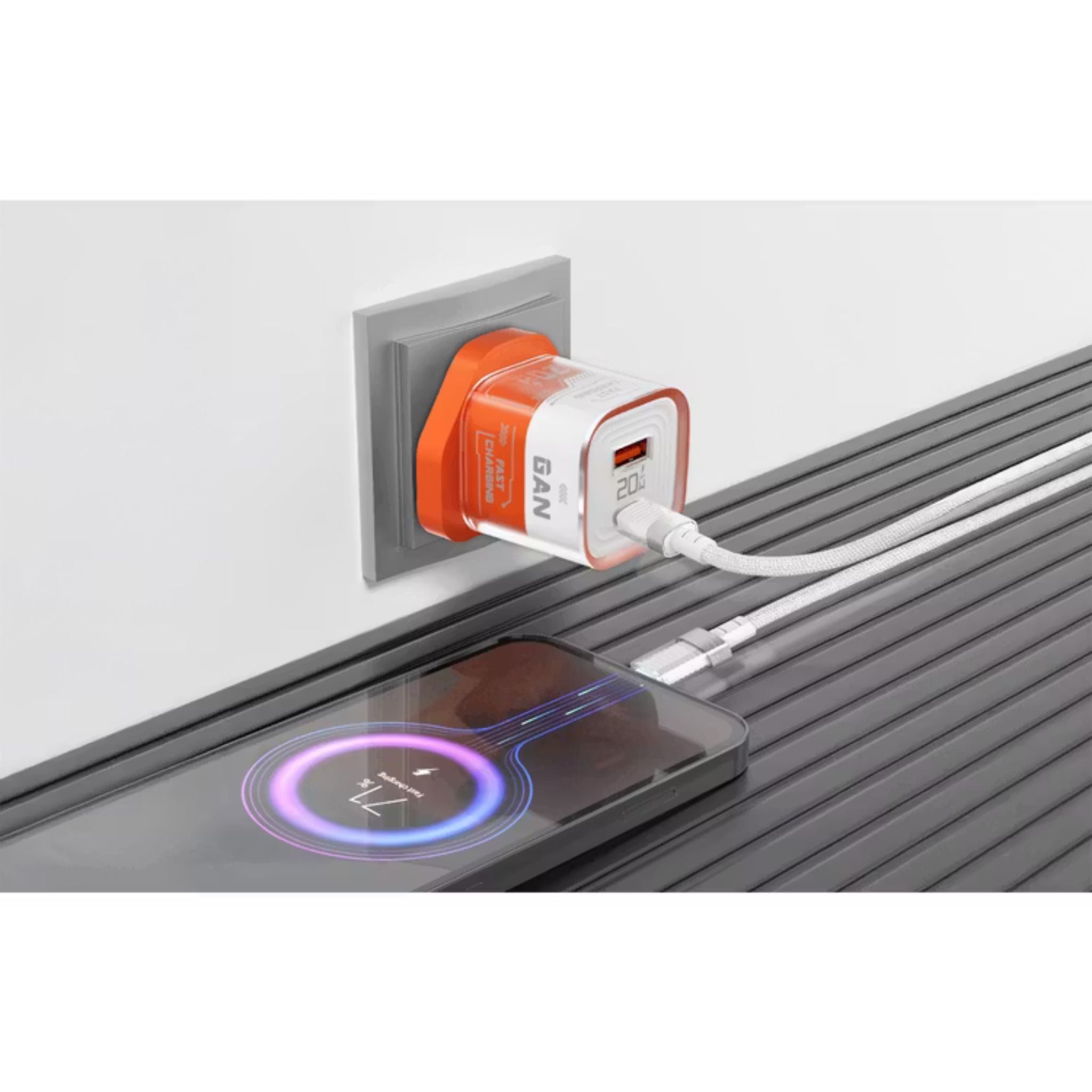Porodo Crystal Shell GaN Wall Charger with 1.2m USB-C to USB-C Cable, Simultaneous Charging, 20W Power Delivery, Overheat Protection, 18W USB-A Output - Orange