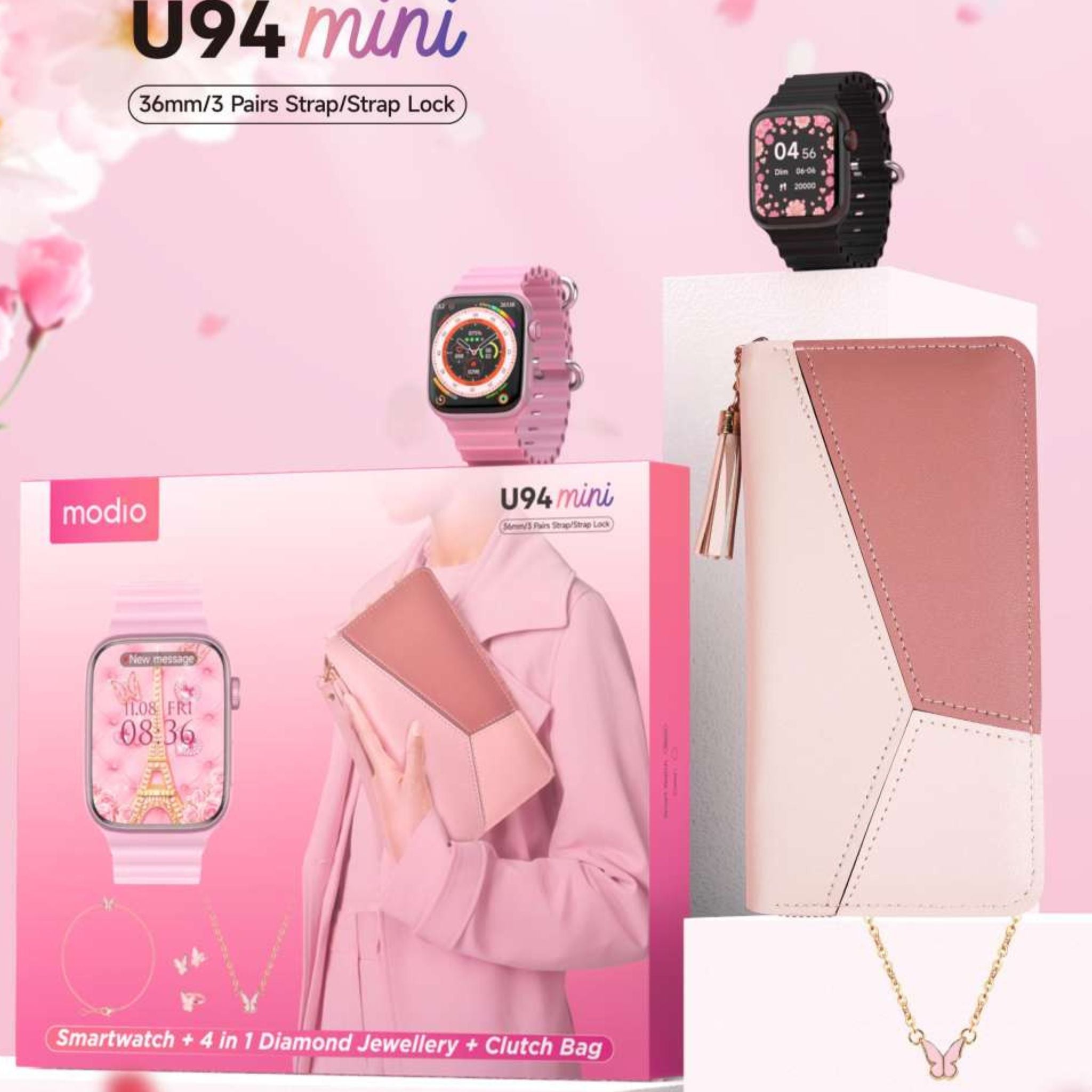 Modio U94 Mini Smartwatch 36MM with Diamond Jewelry & Clutch Bag, 3 Pairs Strap with Strap Lock, Fitness Tracker, Heart Rate & Sports Mode, Waterproof, Compatible with Android & iOS – Elegant