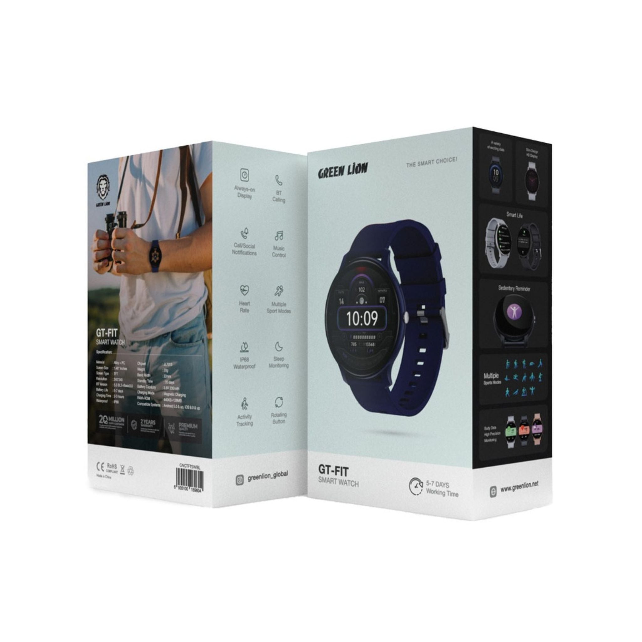 Green Lion GT-FIT Smart Watch with 1.45” Always-On Display, Bluetooth Calling, Heart Rate & Sleep Monitoring, Multiple Sports Modes, IP68 Waterproof, 5-7 Days Battery, Magnetic Charging – 22mm Strap