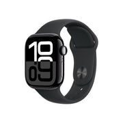 Apple Watch Series 10 with a jet black aluminium case and black sport band, displaying time on the screen.