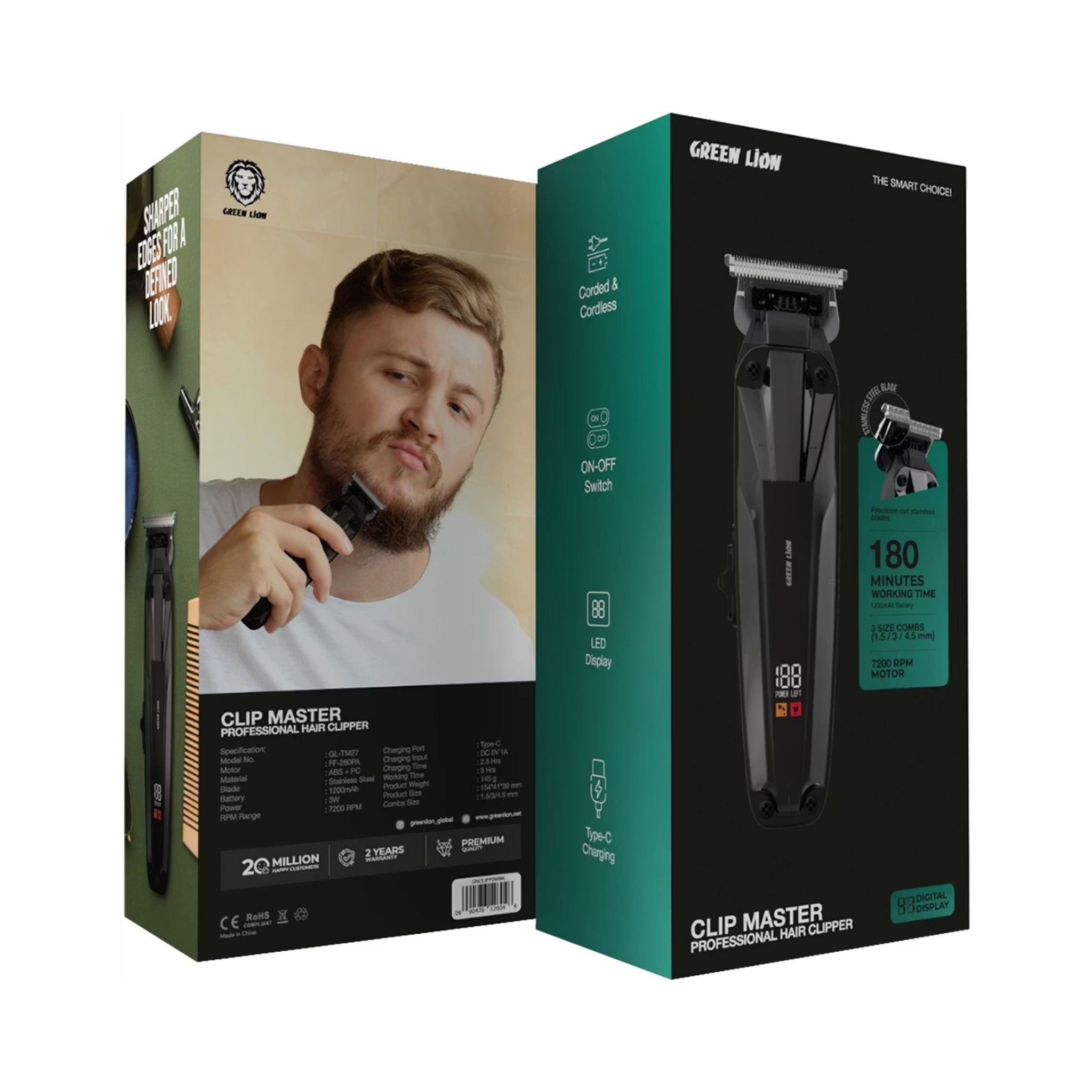 Green Lion Clip Master Professional Hair Clipper with LED Display & On/Off Switch, 3 Hours Working Time, Corded & Cordless Functionality, 7200RPM Power, Stainless Steel Blade, 1200mAh Battery Capacity, Includes 1.5, 3, 4.5mm Comb Sizes - Black