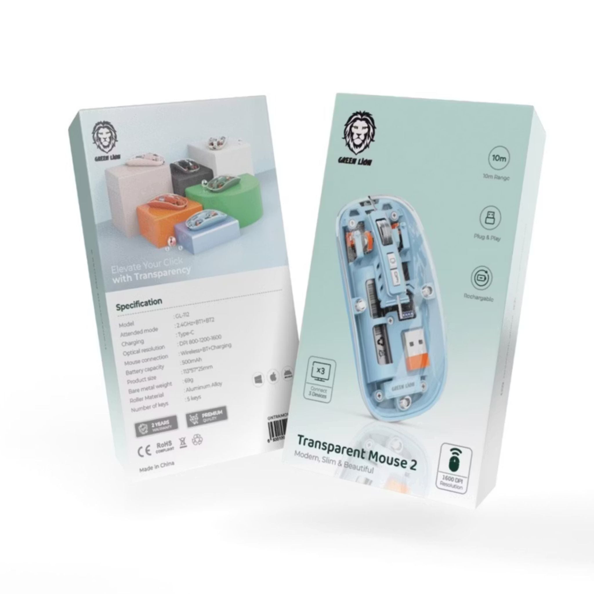 Green Lion Transparent Wireless Mouse 2 with 5 Keys, Connects to Up to 3 Devices Simultaneously, 500mAh Rechargeable Battery, 10m Distance Range, Plug & Play - Blue