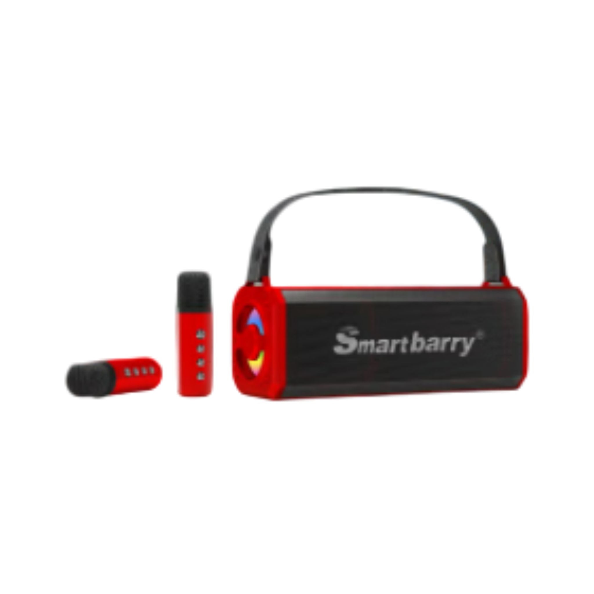 Red and black wireless microphone system with 'Smartbarry' branding on a white background