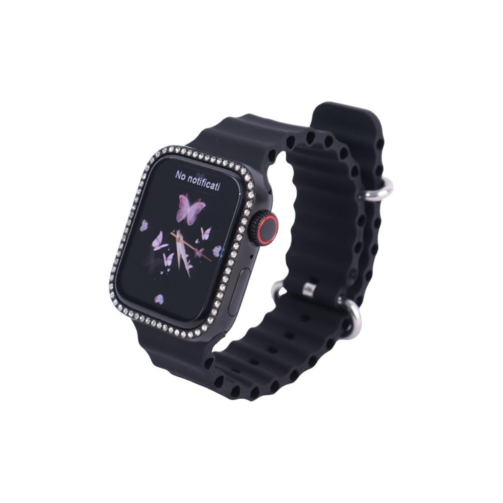 A black Modio MW19 Mini Smart Watch with a 36mm display, featuring a sparkling border and a butterfly on the watch face. It has a black band and a buckle clasp.