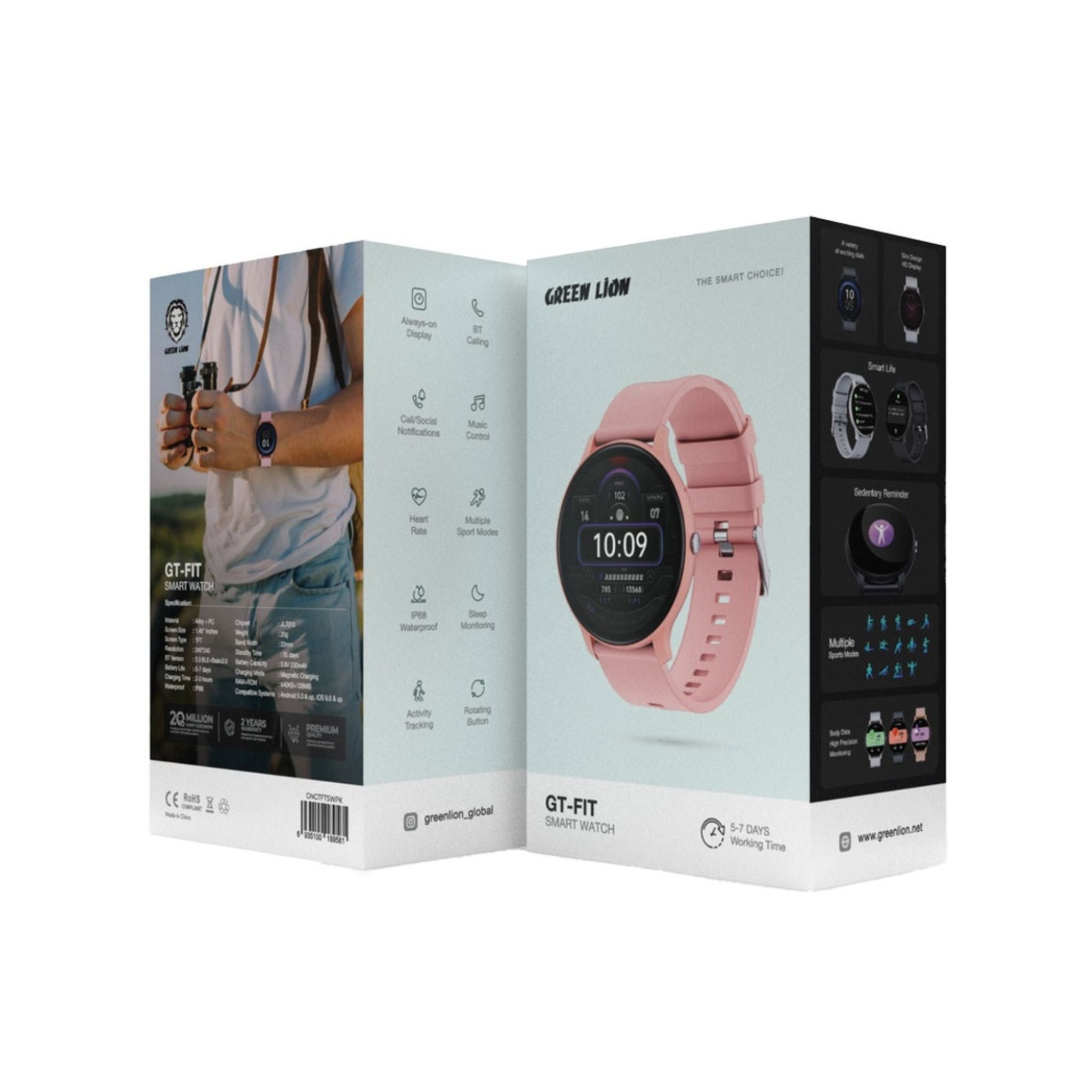 Green Lion GT-FIT Smart Watch with 1.45” Always-On Display, Bluetooth Calling, Heart Rate & Sleep Monitoring, Multiple Sports Modes, IP68 Waterproof, 5-7 Days Battery, Magnetic Charging – 22mm Strap