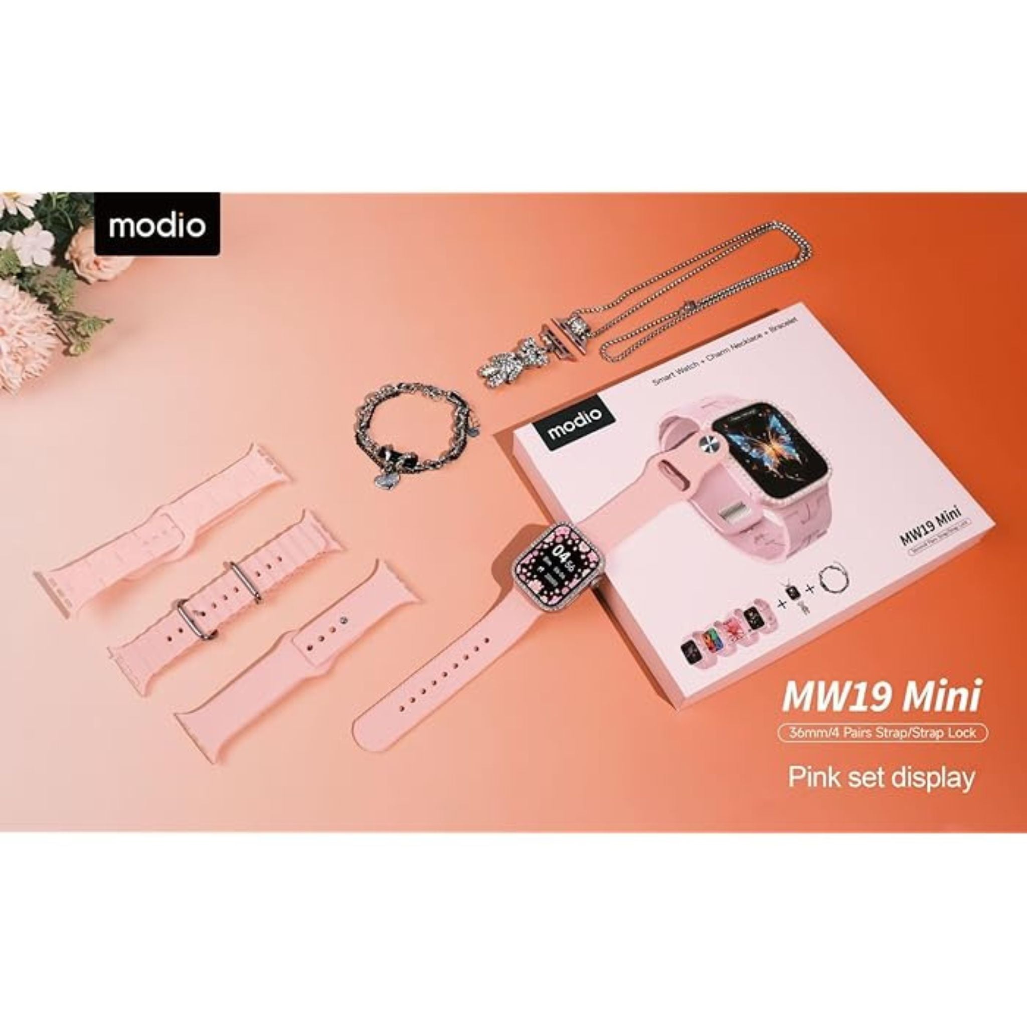 MODIO MW19 Mini Smart Watch With 36mm Display 4 Pair Straps Necklace and Bracelate Designed For Womens