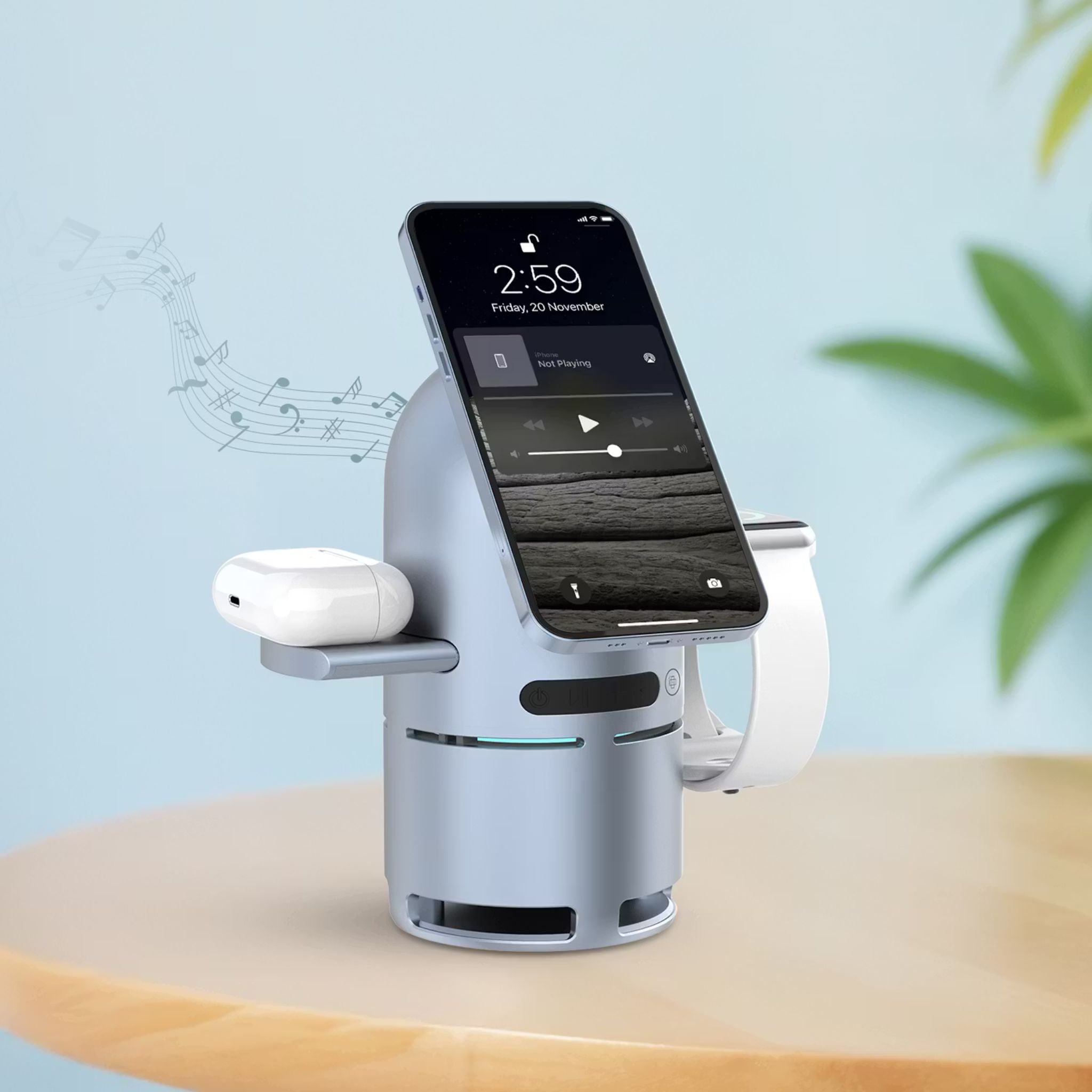 Powerology Qi2 Speaker Charge Station with Pop-Out Charging Dock, 15W Maximum Phone Output, 1000mAh Battery Capacity, Bluetooth Version 5.3, Built-in Safeguards - Gray