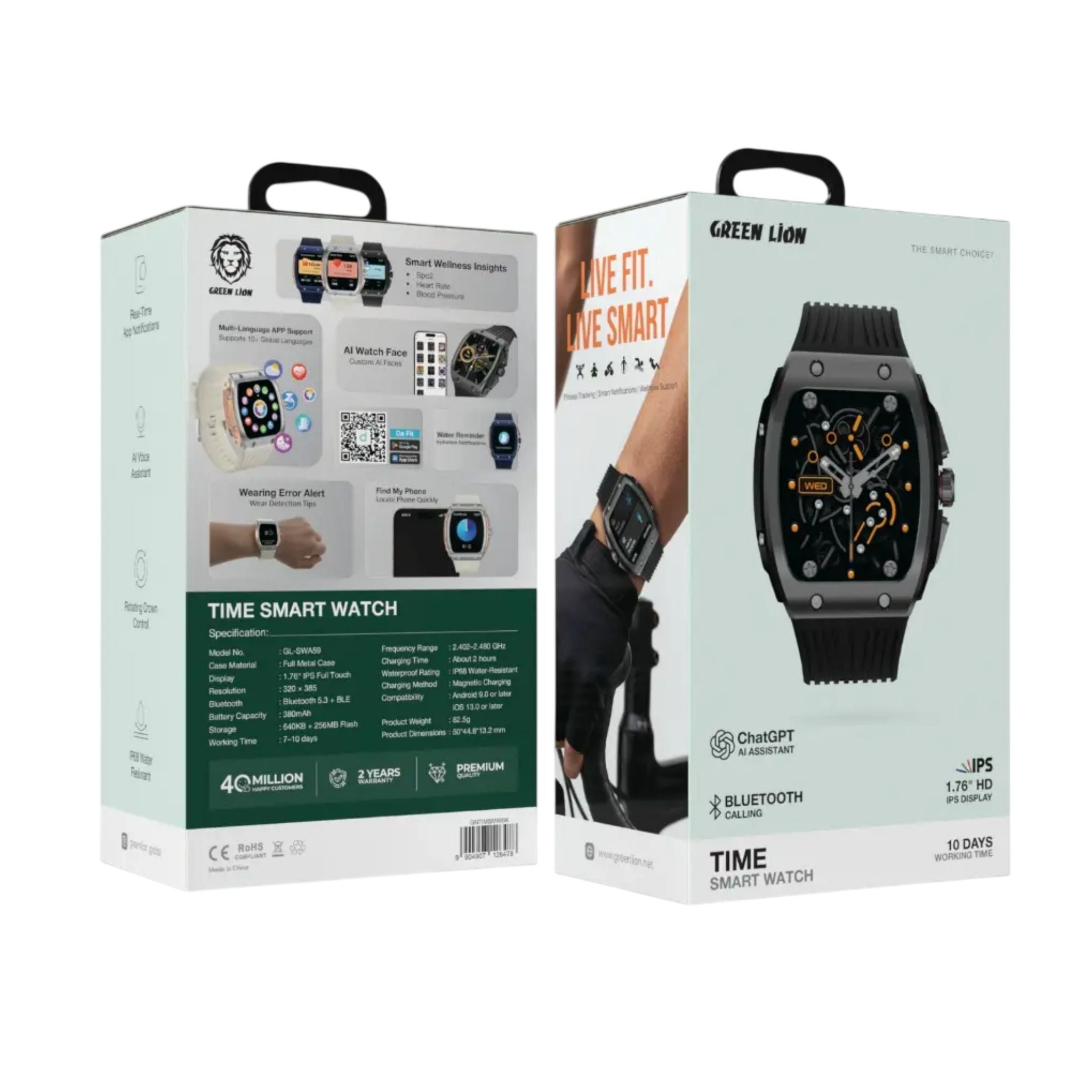 Green Lion GL-SW69 Smart Watch 1.76" HD Display Bluetooth Calling ChatGPT AI Heart Rate BP SpO2 IP68 Water Resistant 380mAh Battery 7-10 Days Android iOS Compatible- Black