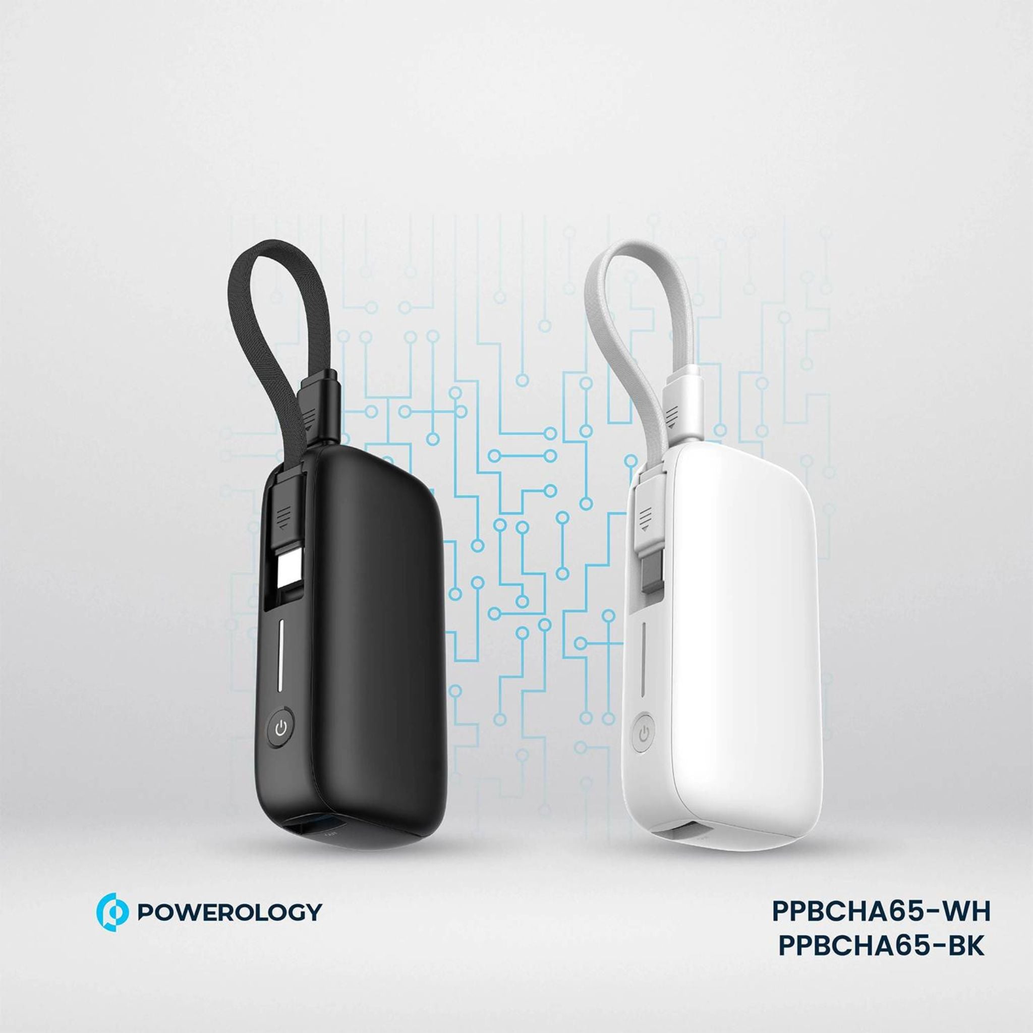 Powerology 5000mAh Power Bank with Removable USB-C Wire, Advanced Charging Technology, 2-Device Charging, Compact & Portable, Built-in Safeguards, 20W Power Delivery - Black