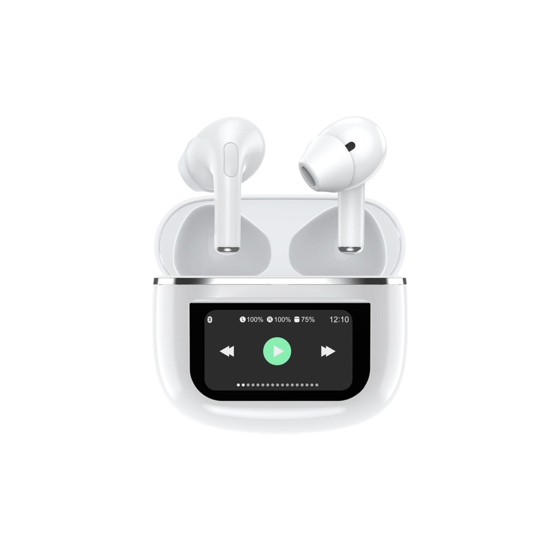 A pair of white Porodo Soundtec Wonder in-ear earphones with a touch screen on the charging case.