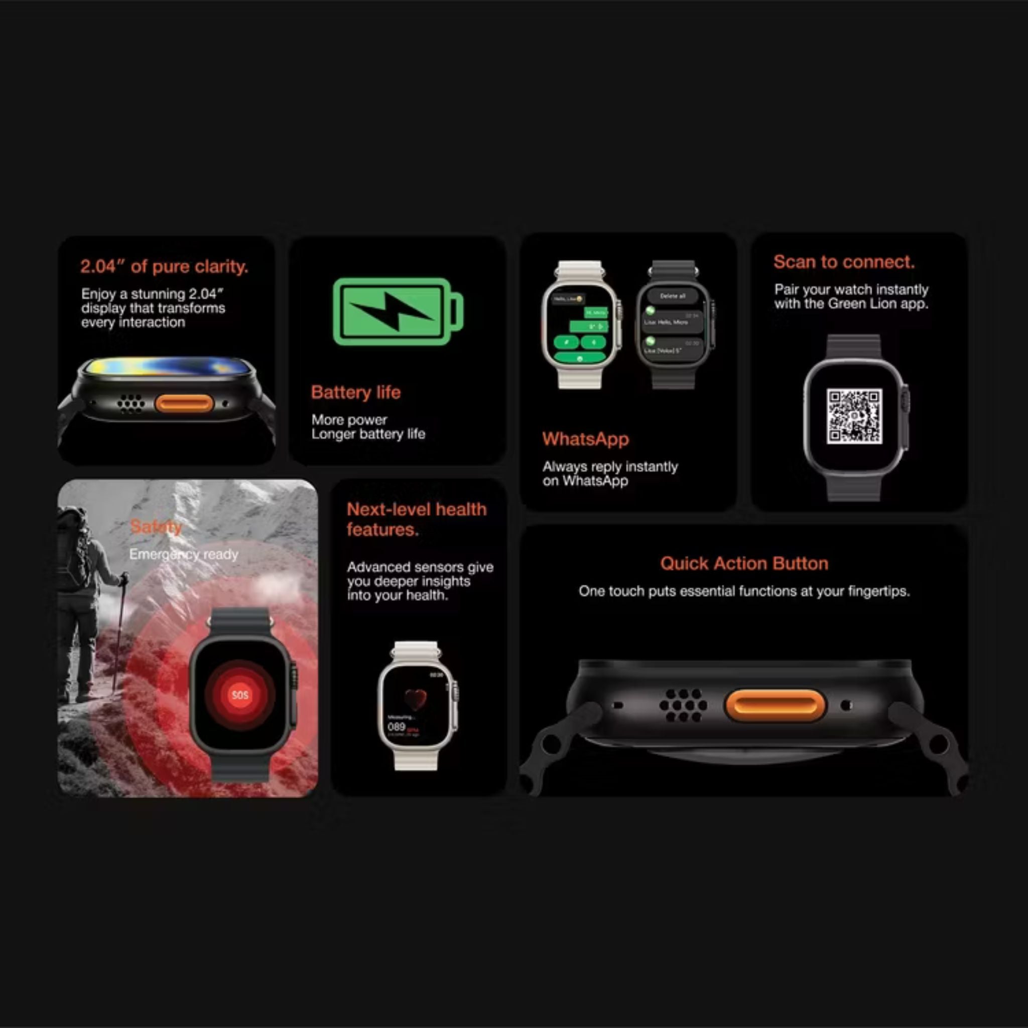 Green Lion Communicate 49mm Ultra Smartwatch, 2.04” AMOLED Display, 350mAh Battery, 2–3 Days Use, 10-Day Standby, Bluetooth 5.4, 1GB Flash, 3ATM Waterproof, Wireless Charging, Double Tap, Dynamic Island, Always-On Display, 500+ Watch Faces- Silver
