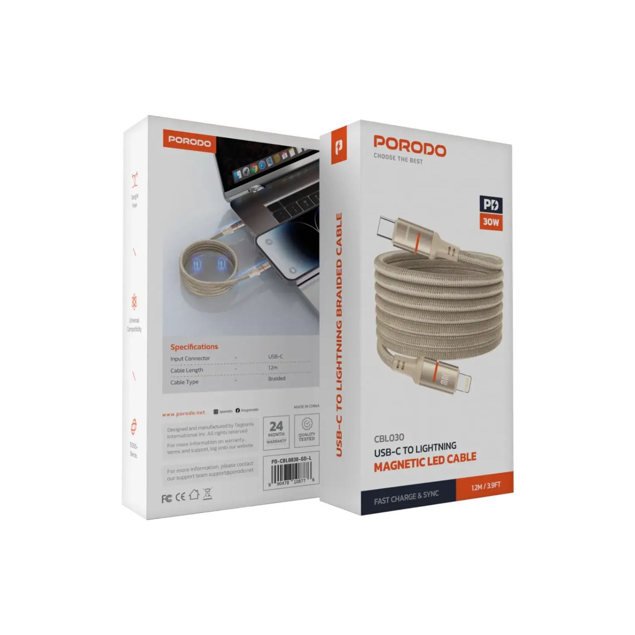 Porodo Type-C to Lightning Magnetic Braided Cable with 30W Power Delivery, 1.2m Cable Length, More than 15,000 Bends Lifespan, Tangle-Free Design - Gold
