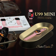 A Modio Sister Combo U99 Mini smartwatch in pink color with wireless charging capabilities, along with two bangles as accessories, displayed on a gold-colored stand.