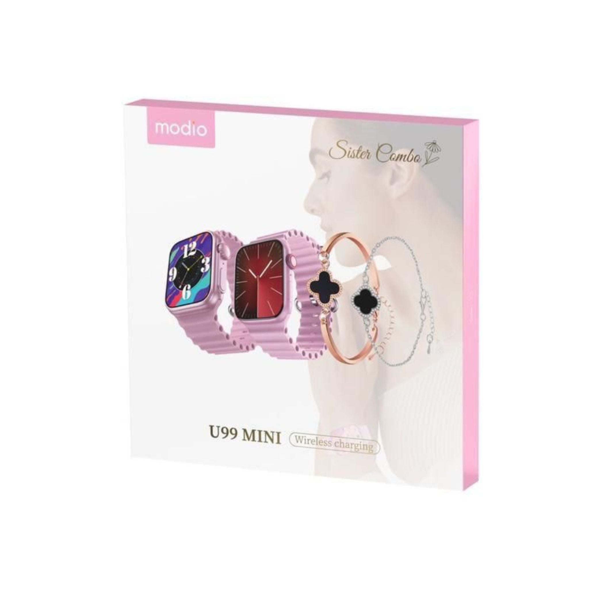 Modio U99 Mini Smartwatch with Wireless Charging, Durable Space Aluminium Case, Fitness Tracker, Heart Rate Monitor, Sports Mode, Waterproof, Compatible with Android & iOS – Pink