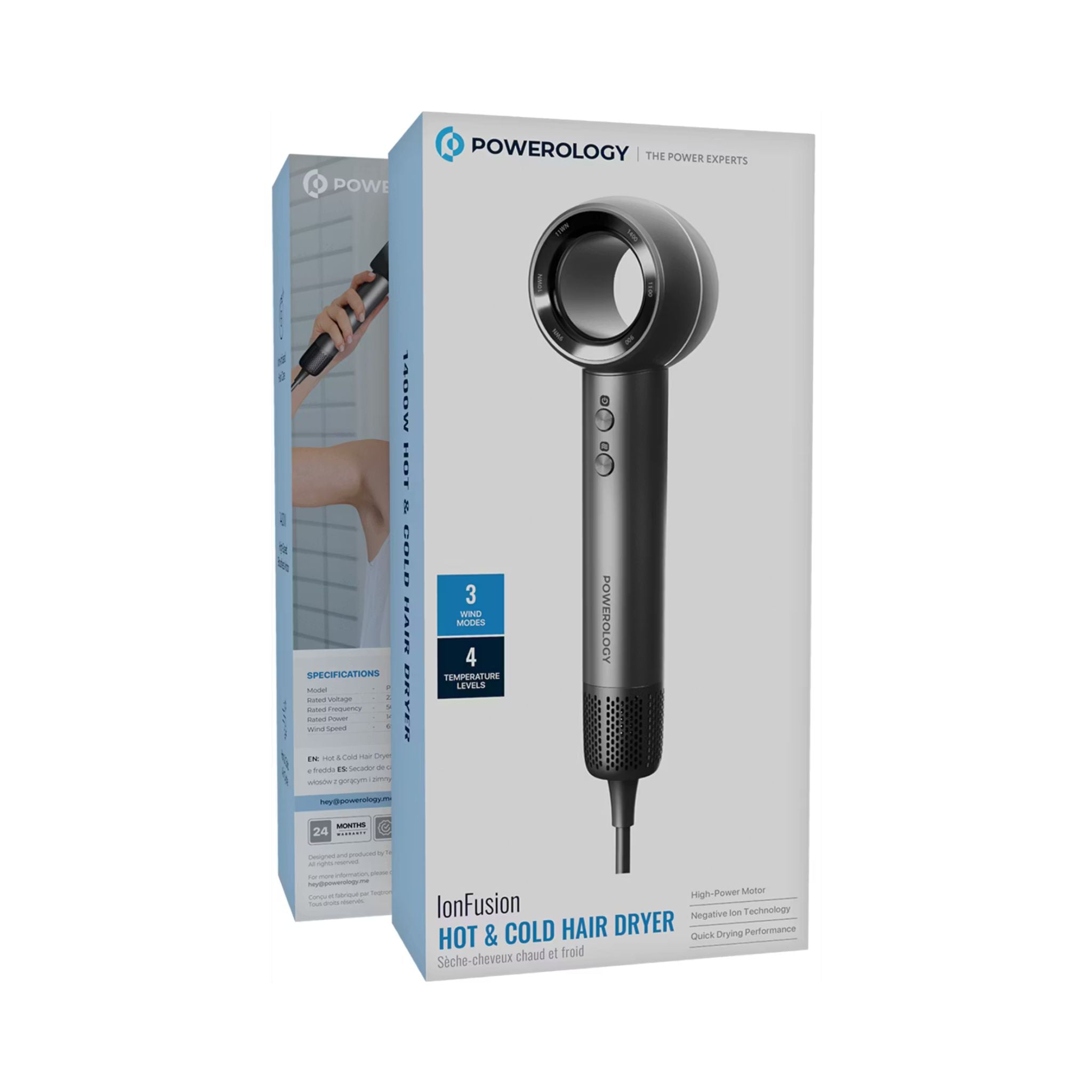 Powerology IonFusion Hot & Cold Hair Dryer, 1400W Rated Power, 65m/s Wind Speed, 4 Temperature Levels, High-Speed Brushless Motor, 1.8m UK 3-Pin Plug - Gray