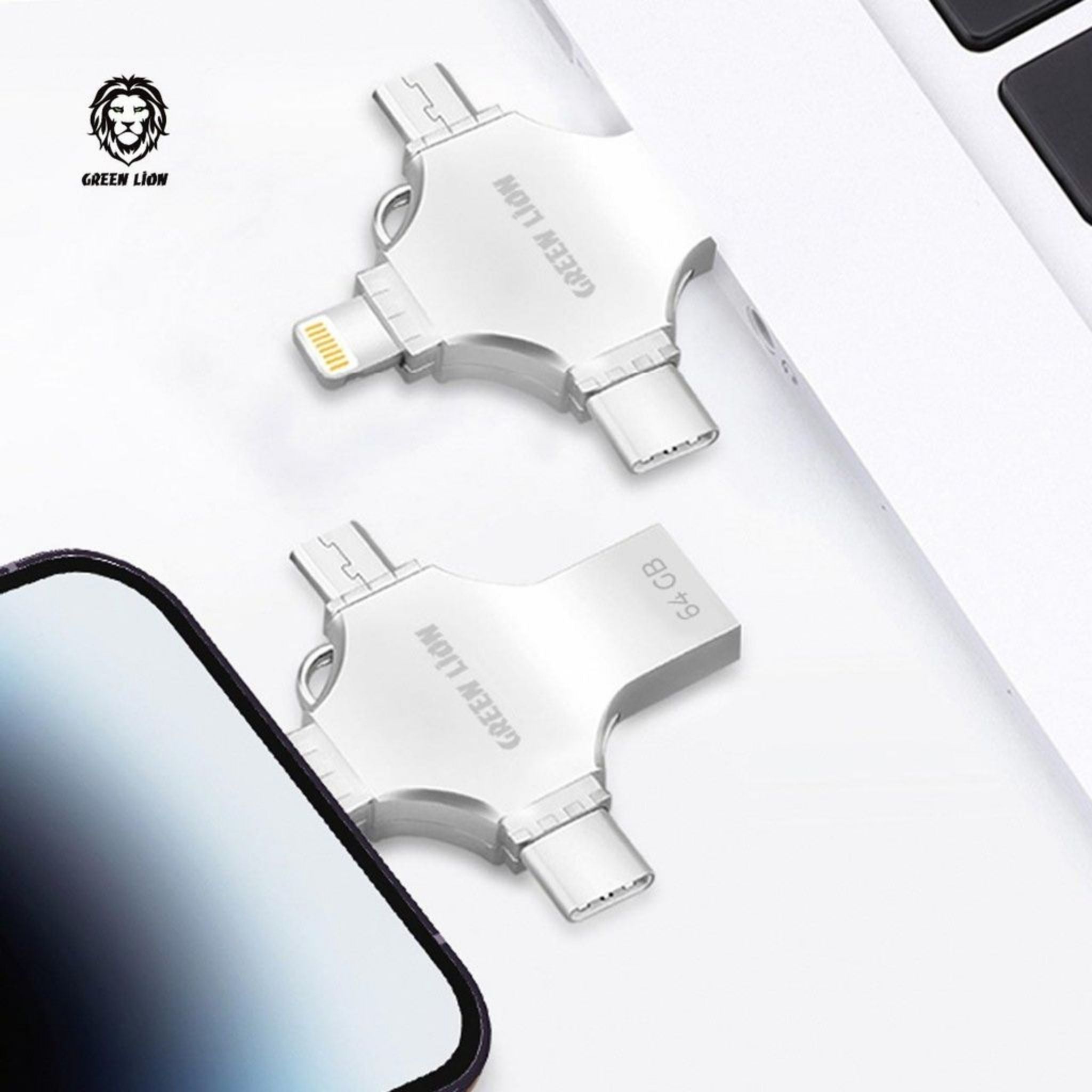 Green Lion 4-in-1 USB Flash Drive 64GB - Silver