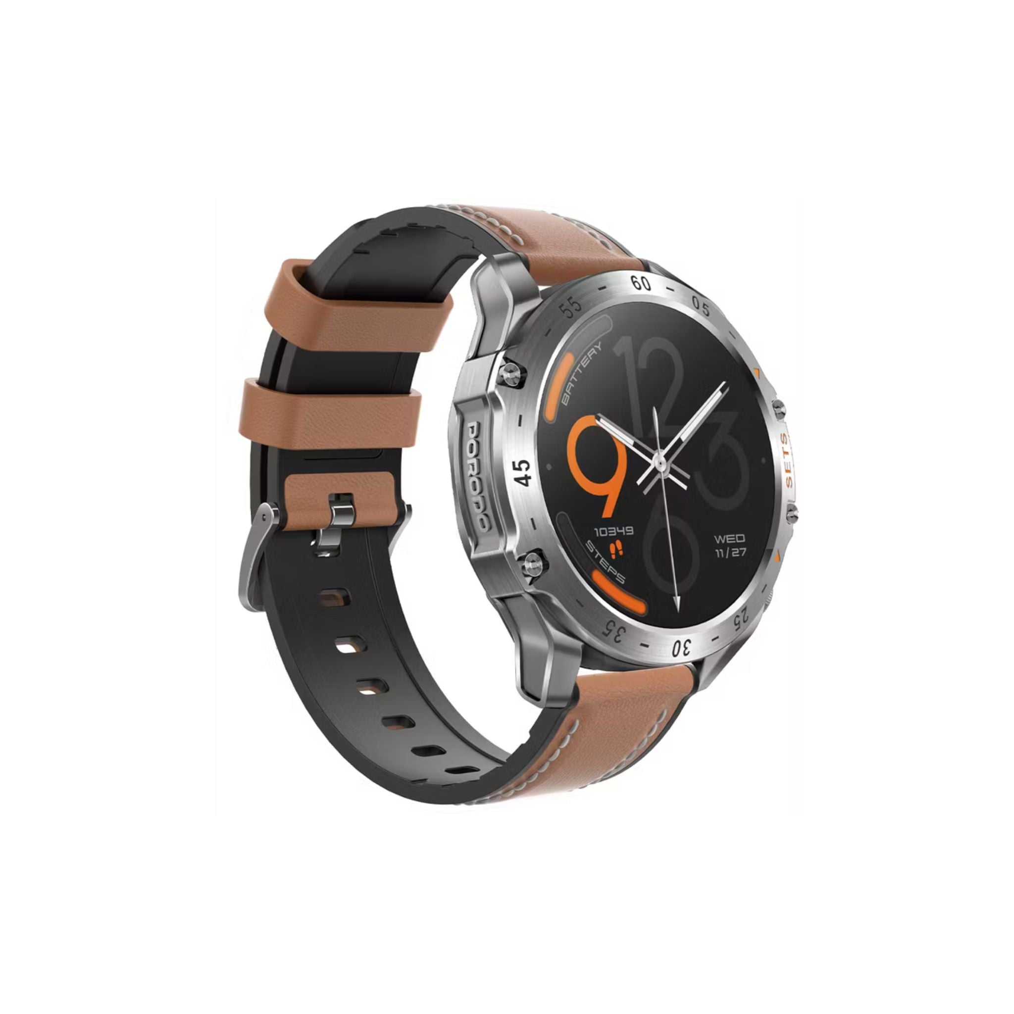 Porodo Hype Smart Watch with Wireless Earbuds and Black Leather Band, Compatible with Android 5.0, iOS 10.0 and Above