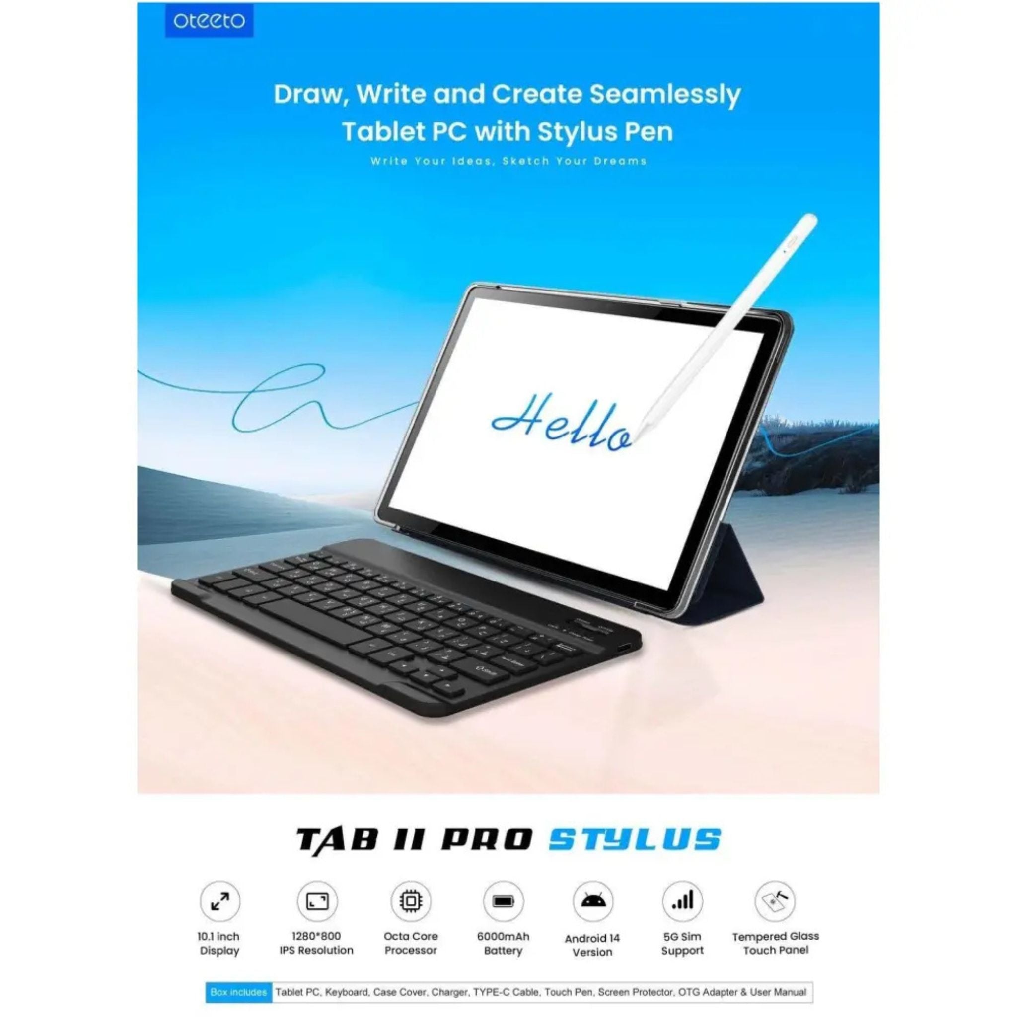 Oteeto TAB 11 Pro Stylus 8 GB RAM 512 GB ROM 10.1 Inch Display 5G Android Tablet PC With Wireless Keyboard Stylus Pen and 6000 mAh Battery- Blue