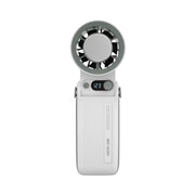 Handheld fan with digital display on a white background